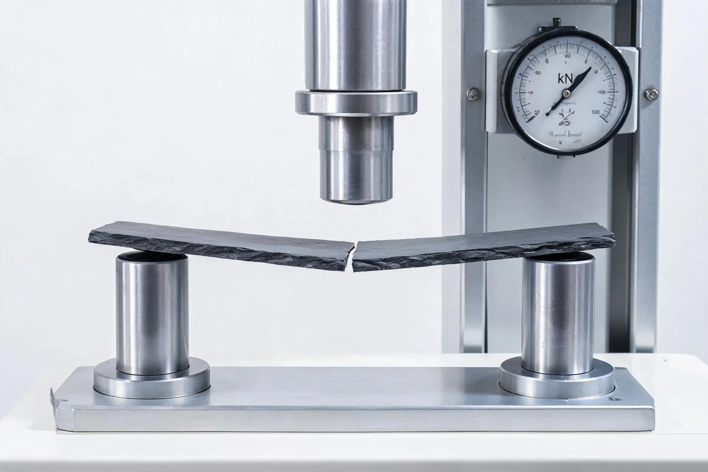Jiujiang Slate Flexural Strength 4 Three-point bending test machine loading a dark grey slate bar specimen between two steel supports in a materials laboratory