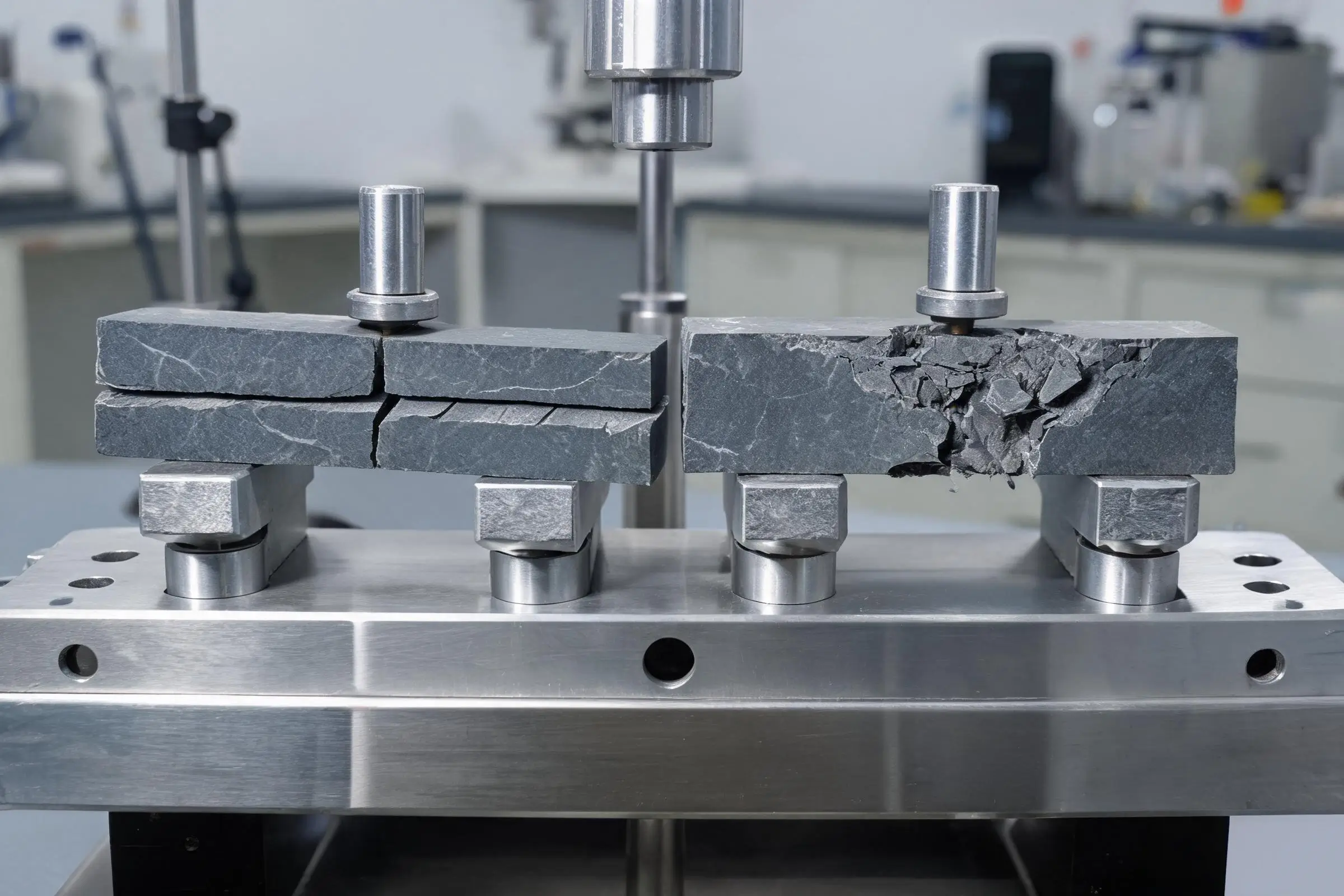 Jiujiang Slate Flexural Strength 3 Side-by-side comparison of two dark slate bar samples after bending test, one dry and clean break, one soaked and tested wet