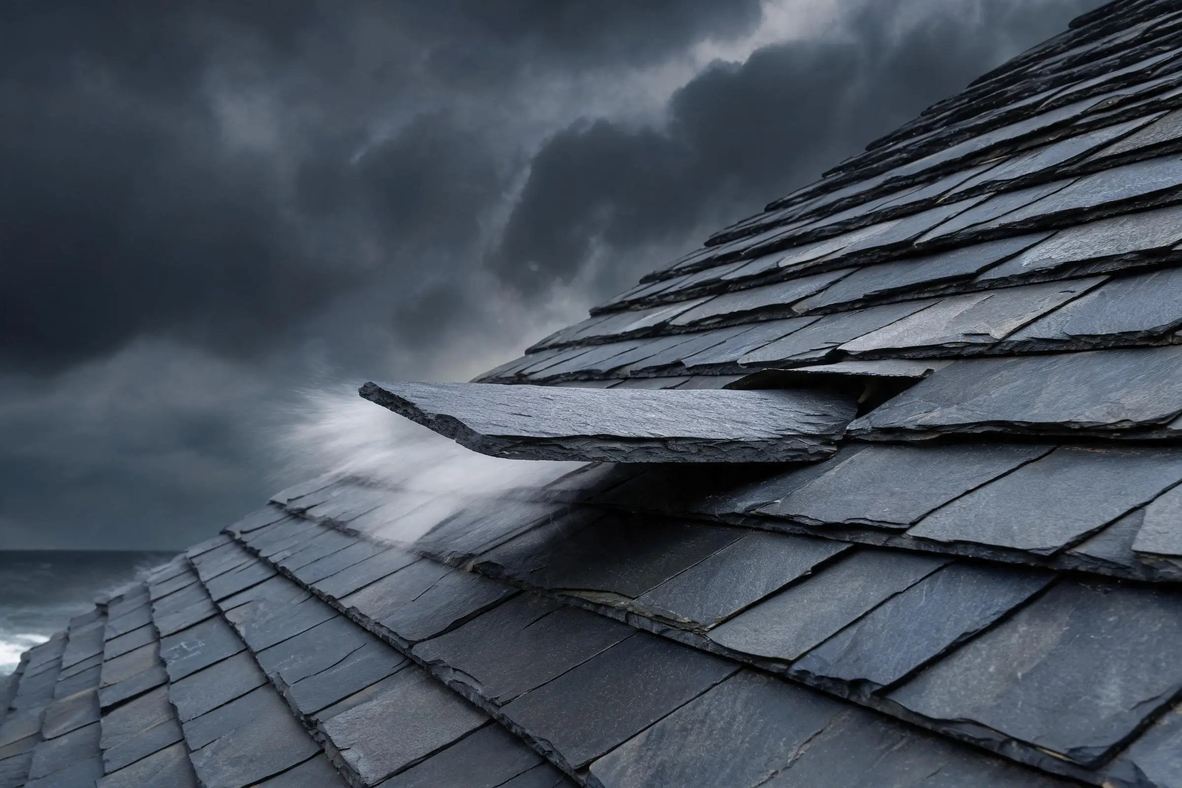 Jiujiang Slate Flexural Strength 1 Wind lifting the edge of a slate roof tile on a steeply pitched dark grey slate roof in strong coastal wind