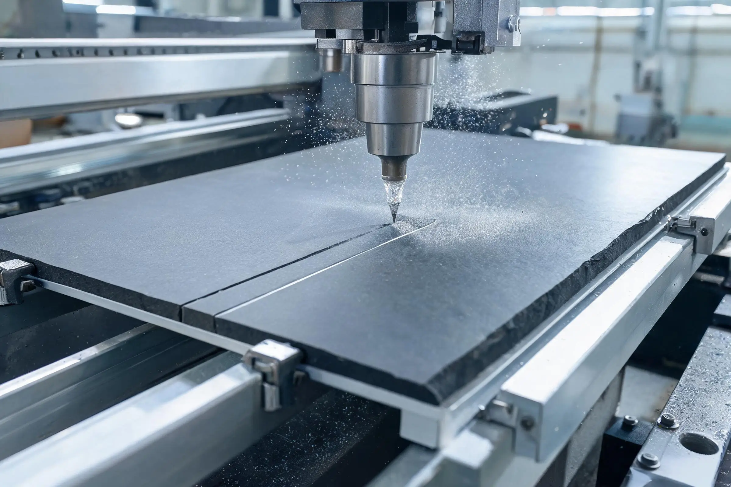 Jiujiang Slate Hardness 3 A CNC diamond-tipped cutting tool machining a precision flat surface on a dark slate billiard bed panel in a factory workshop