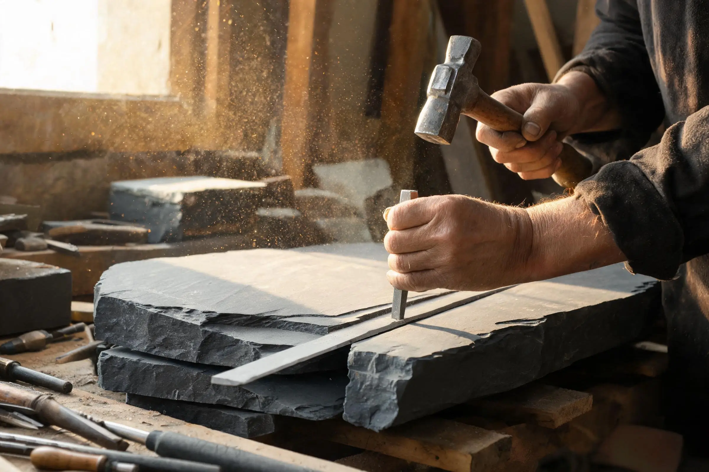 Jiujiang Slate Hardness 2 A worker hand-splitting a slate block into thin tiles along the cleavage plane, showing how Mohs 3-4 hardness allows clean splitting