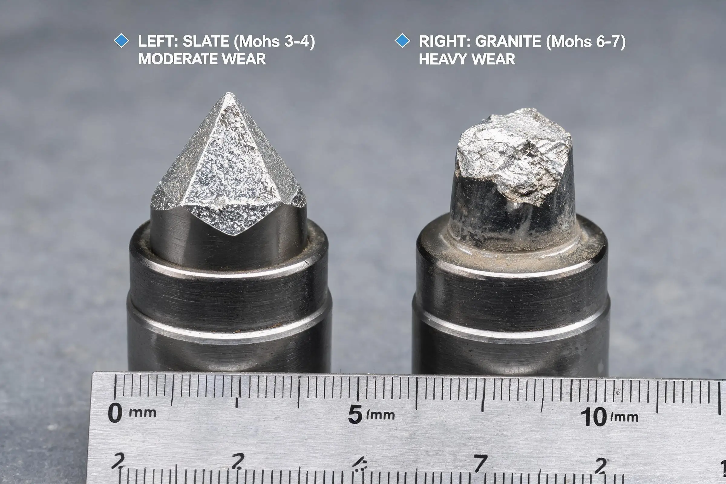 Jiujiang Slate Hardness 4 Side-by-side comparison of worn diamond cutting tool tips used on slate versus granite, showing the difference in tool wear