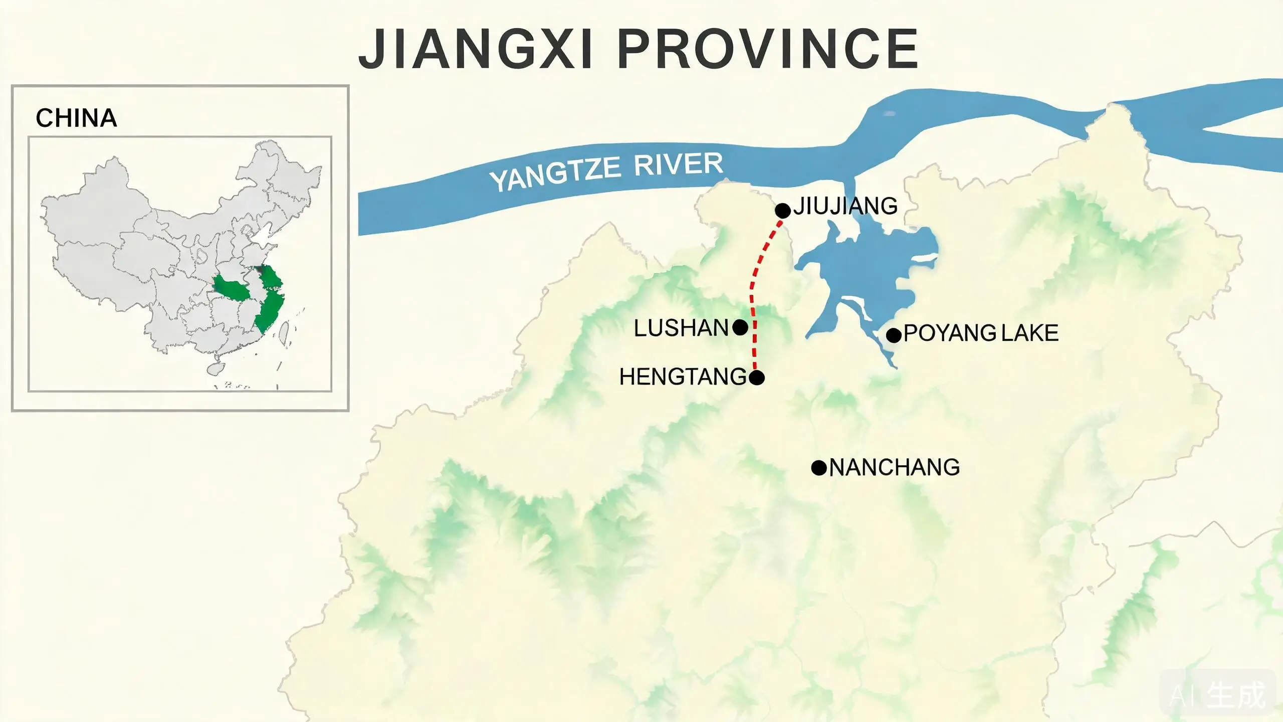Map showing where Jiujiang slate comes from — Jiangxi Province, China, with Lushan, Hengtang, Poyang Lake and the Yangtze River marked