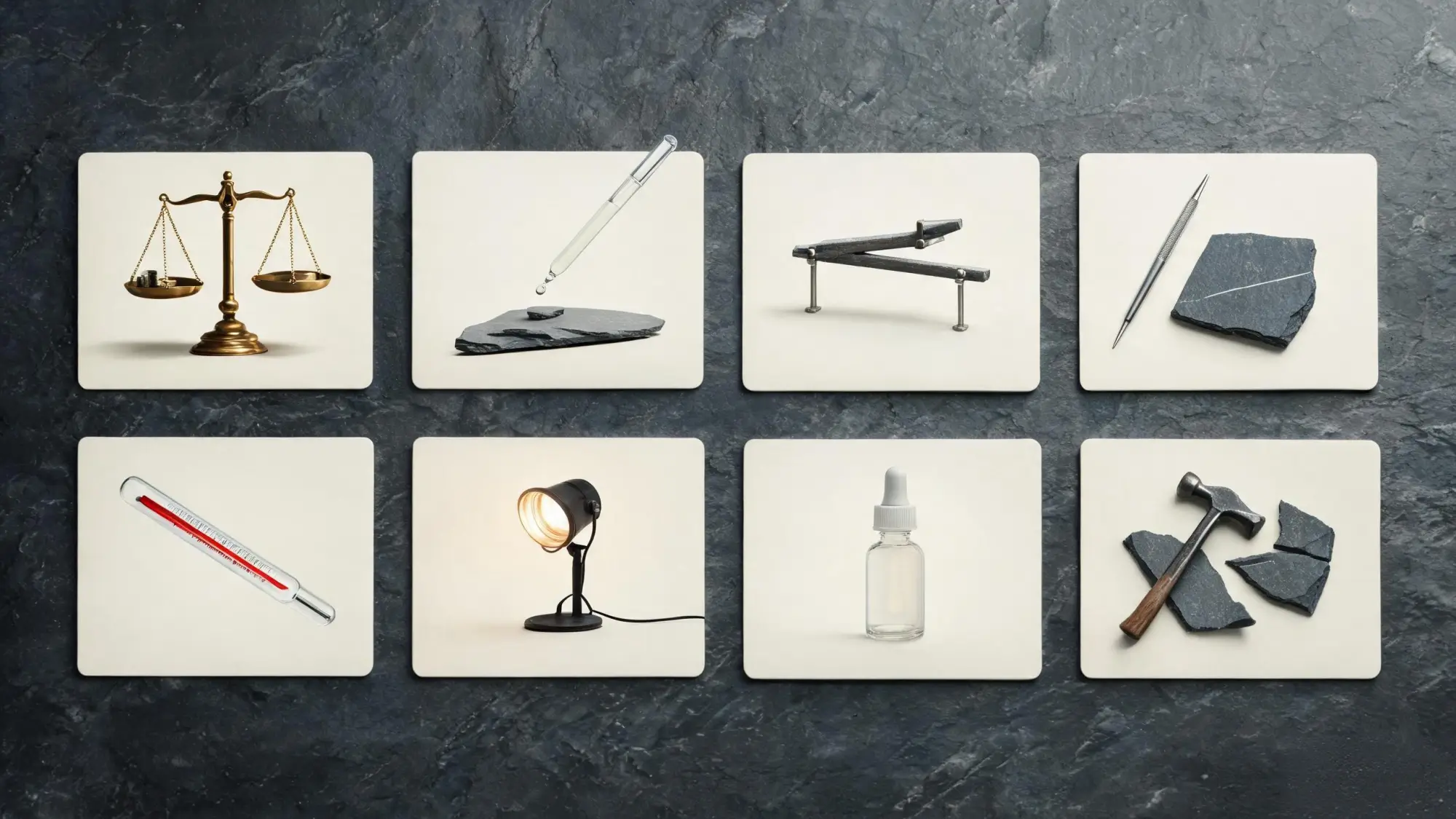 Eight physical property specimen cards arranged on a dark slate surface, each showing a slate test instrument