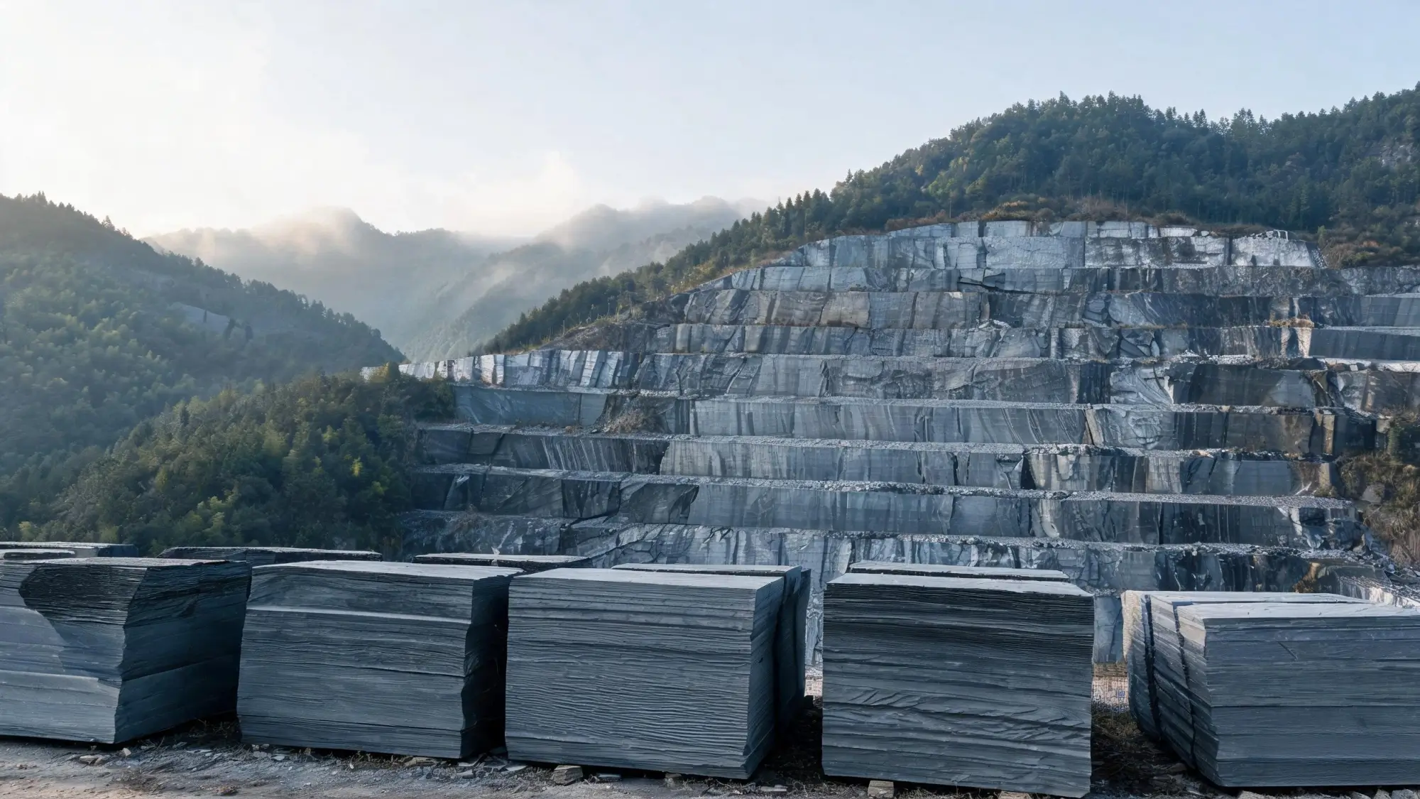 Quarry face showing the layered rock strata of Jiujiang slate in the hills south of Lushan, Jiangxi