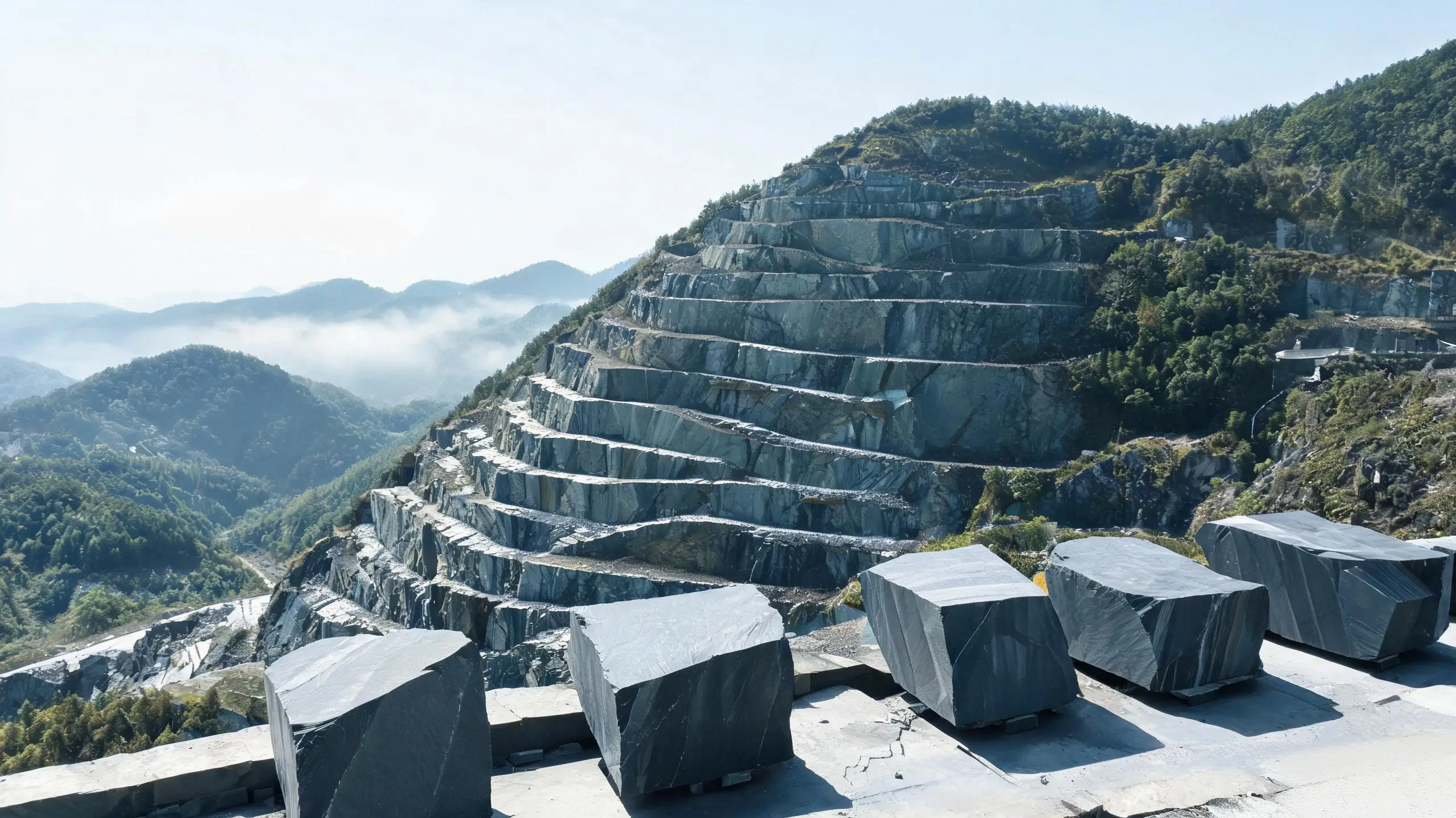 How to Source Jiujiang Slate Directly 1 Hillside slate quarry with benched working faces and extracted blocks in Jiujiang, Jiangxi