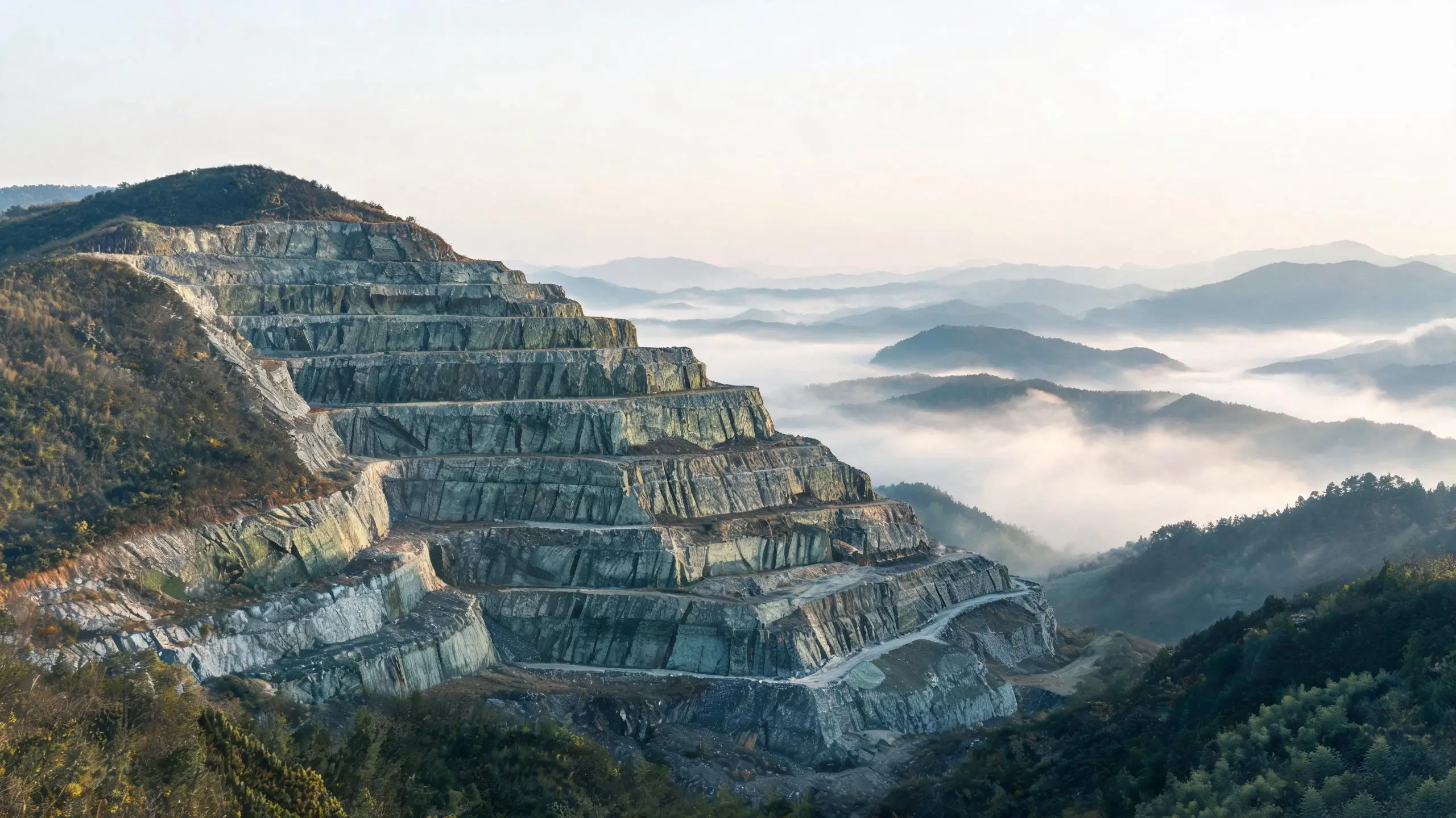 Jiujiang slate quarry panorama showing layered rock formations Jiujiang slate quarry with benched extraction steps in the mountains