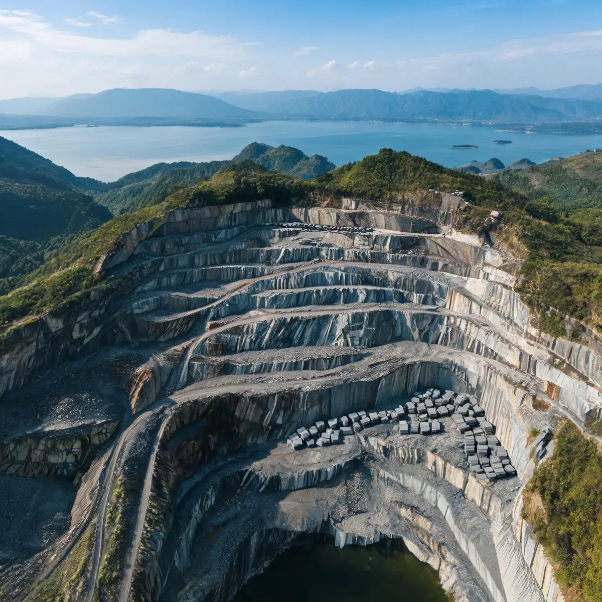 Aerial view of the Jiujiang slate region showing Lushan mountains, Poyang Lake and quarry areas in Jiangxi China