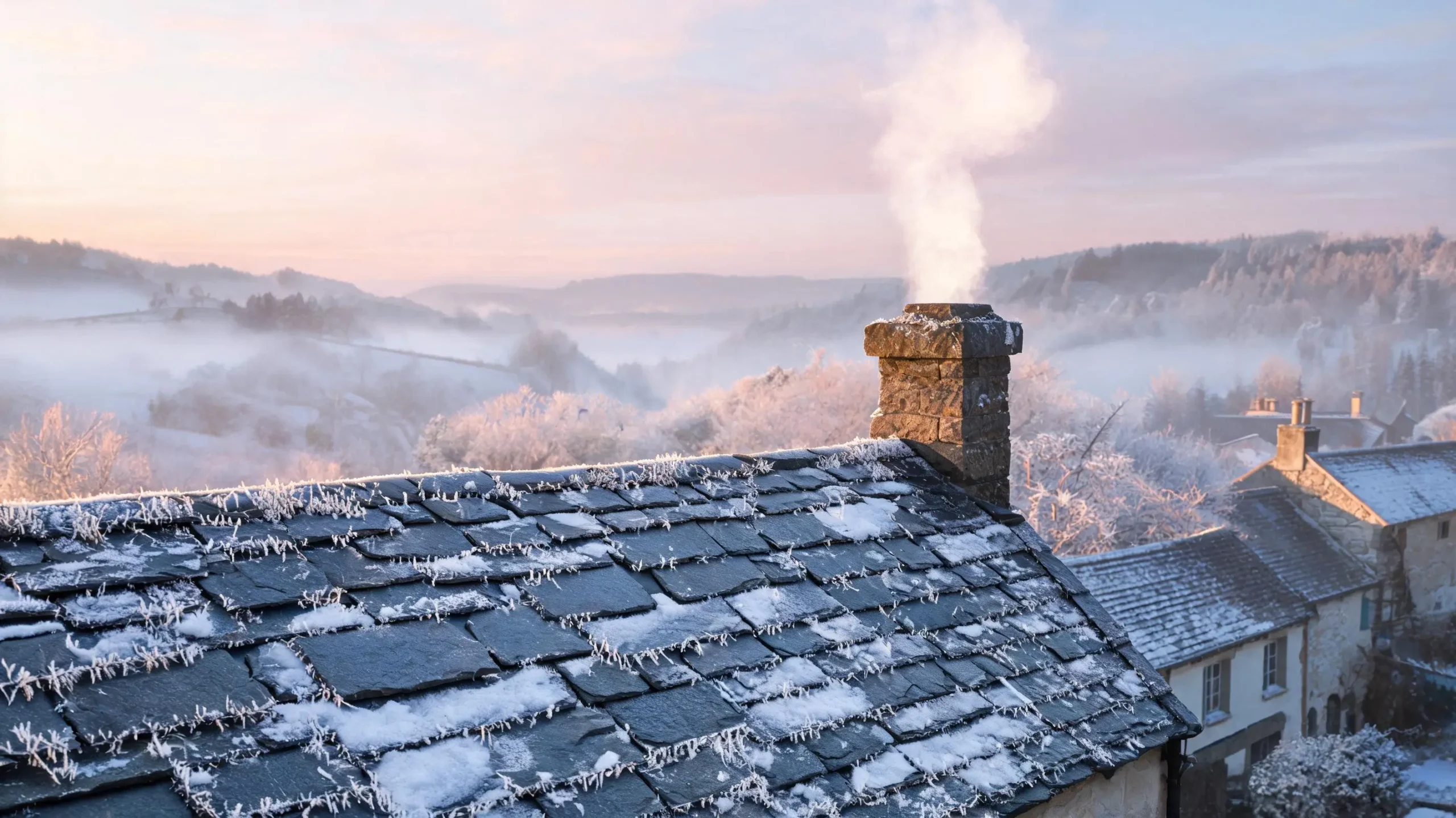 Jiujiang Roofing Slate in Cold and Coastal Climates 1 Jiujiang roofing slate roof covered in morning frost in cold winter climate