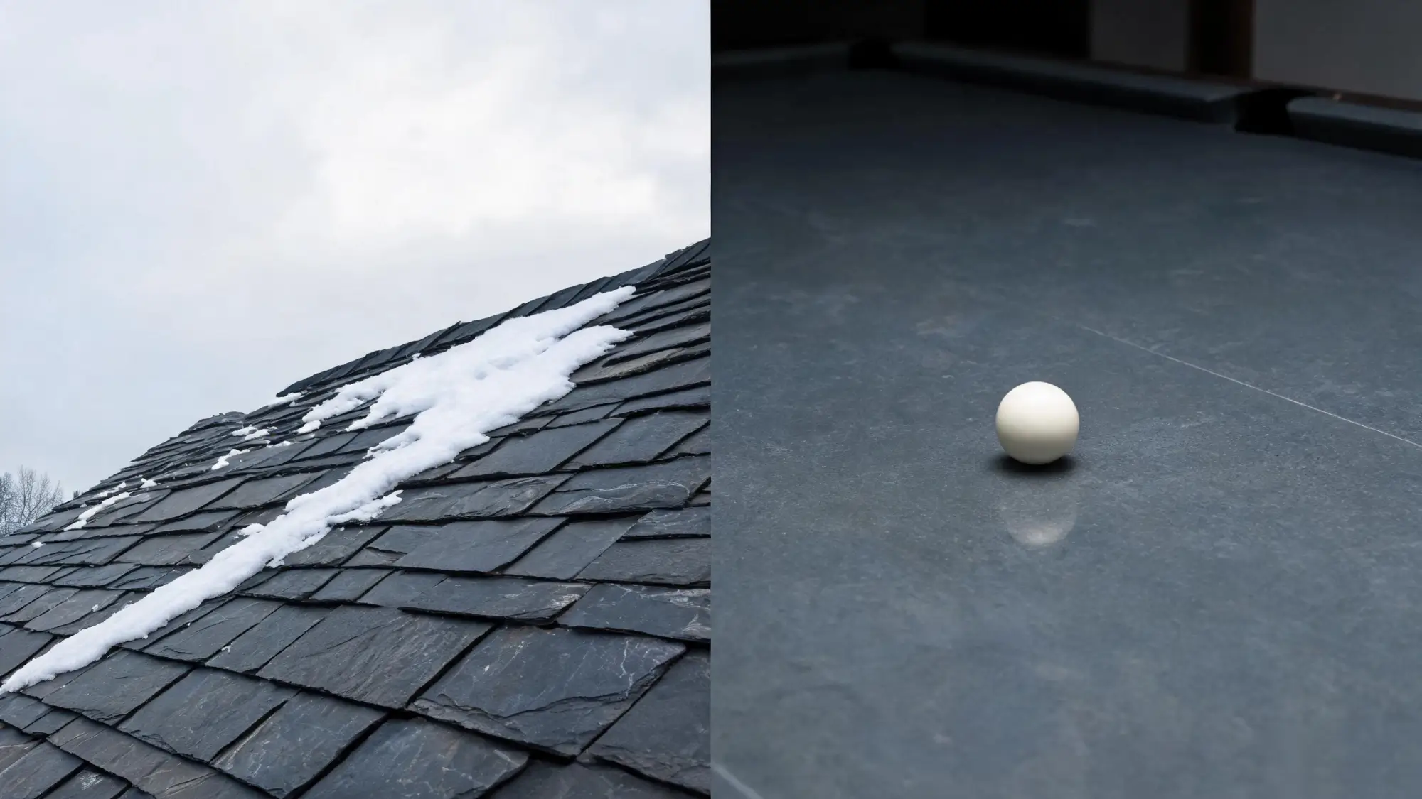 Split scene of a snow-dusted slate roof and a precision-ground slate billiard bed panel with a rolling cue ball