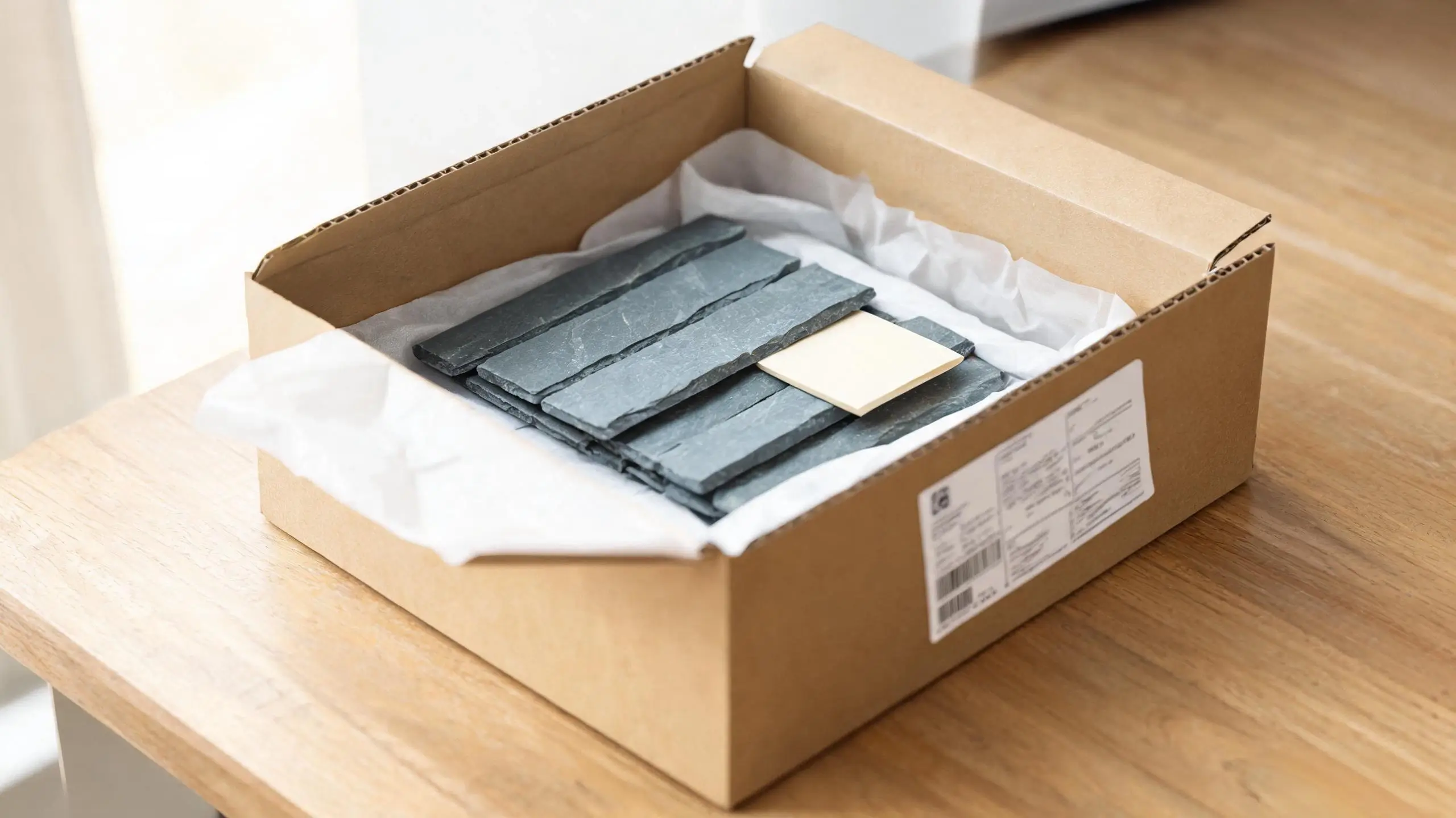 Jiujiang slate samples unpacked from courier box Slate samples from Jiujiang unpacked on a desk with courier packaging and sample card