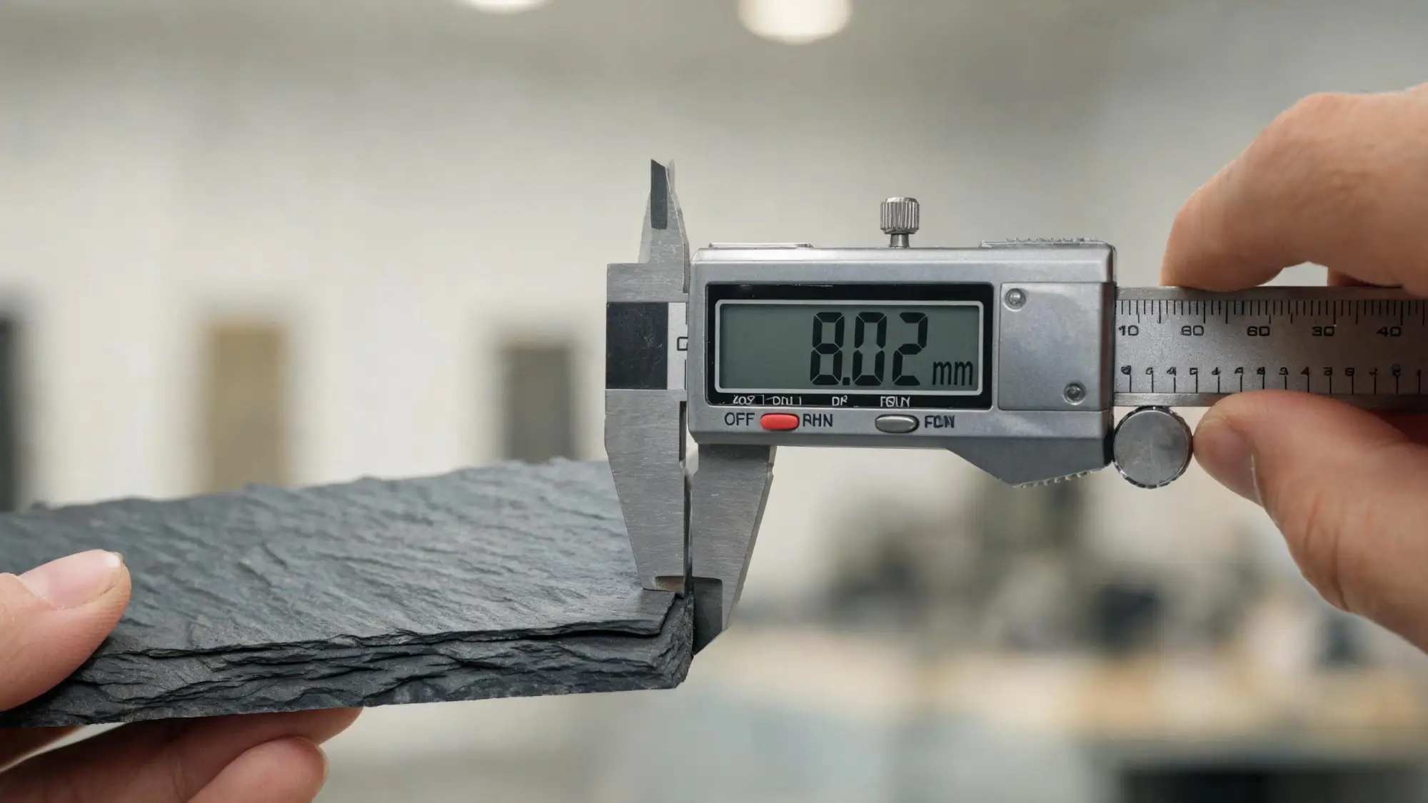 What Makes Jiujiang Slate Different? 2 Digital caliper measuring Jiujiang roofing slate tile thickness at 8.02 mm