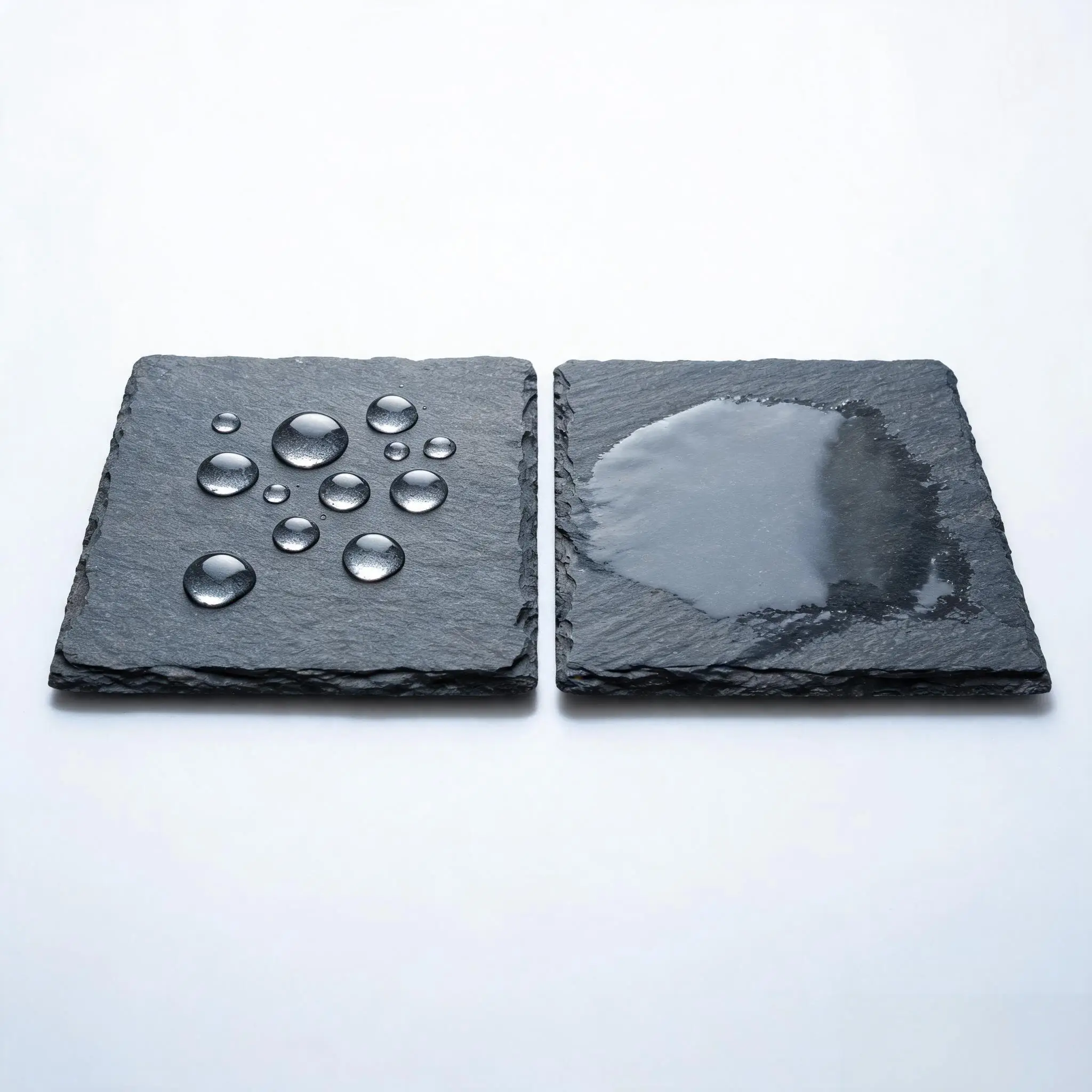 Jiujiang Slate Water Absorption 4 Two dark slate tiles side by side: water beads up on the left tile and spreads flat on the right tile, showing different absorption rates