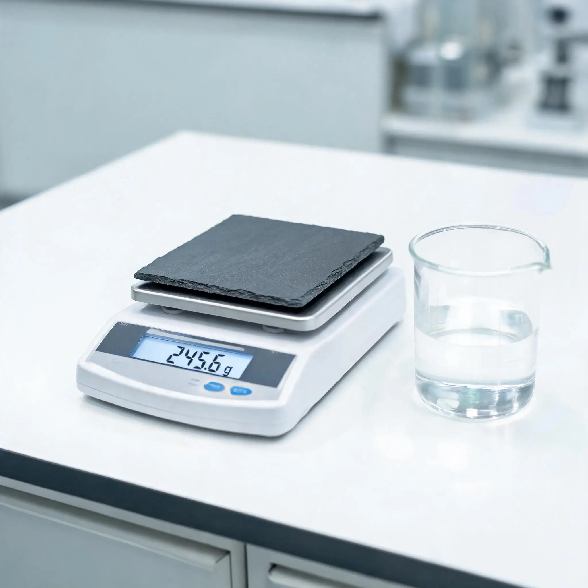 Jiujiang Slate Water Absorption 5 Dark grey slate sample being weighed on a precision digital scale next to a glass beaker of water on a laboratory bench