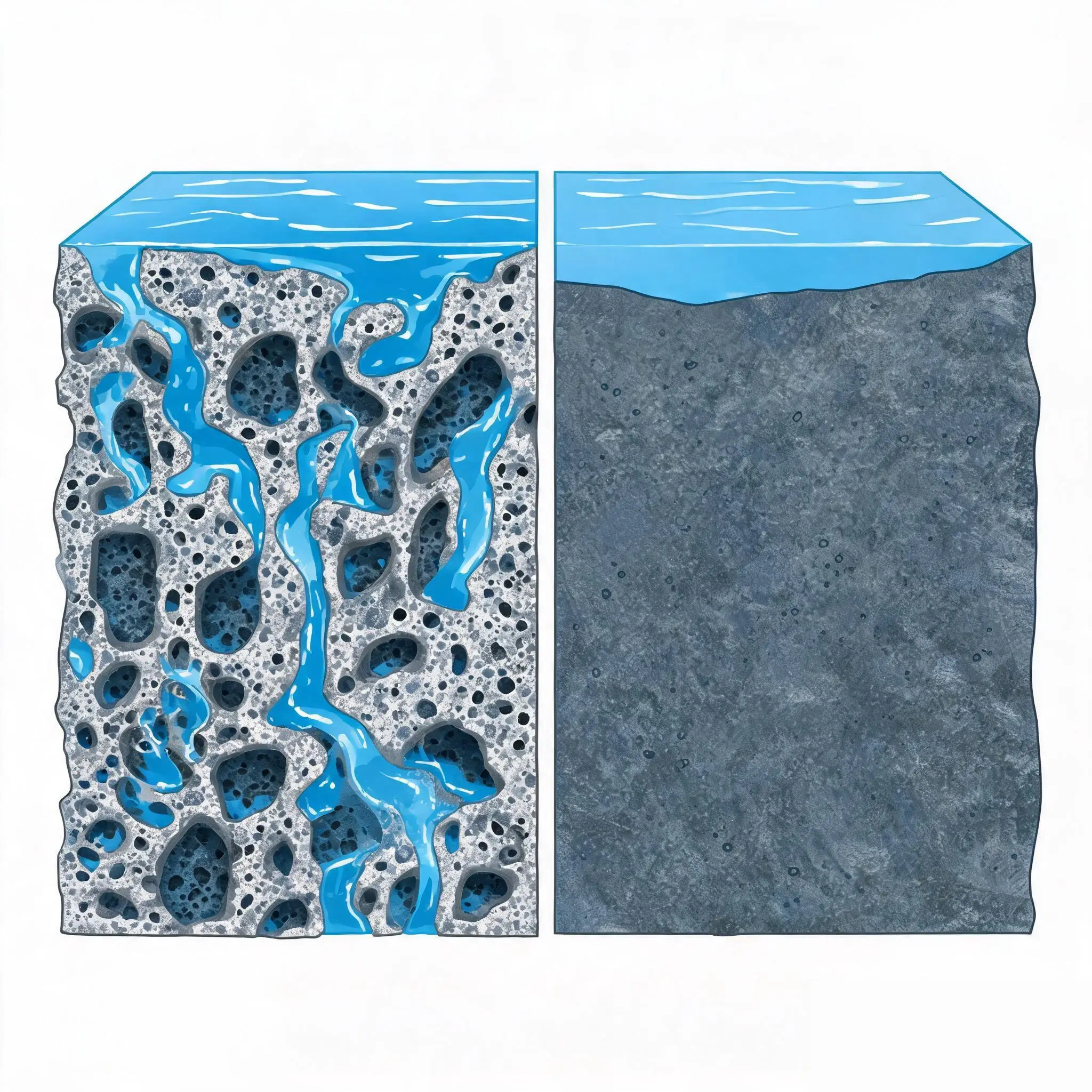 Jiujiang Slate Water Absorption 2 Cross-section diagram showing connected pores in porous stone versus isolated pores in dense slate
