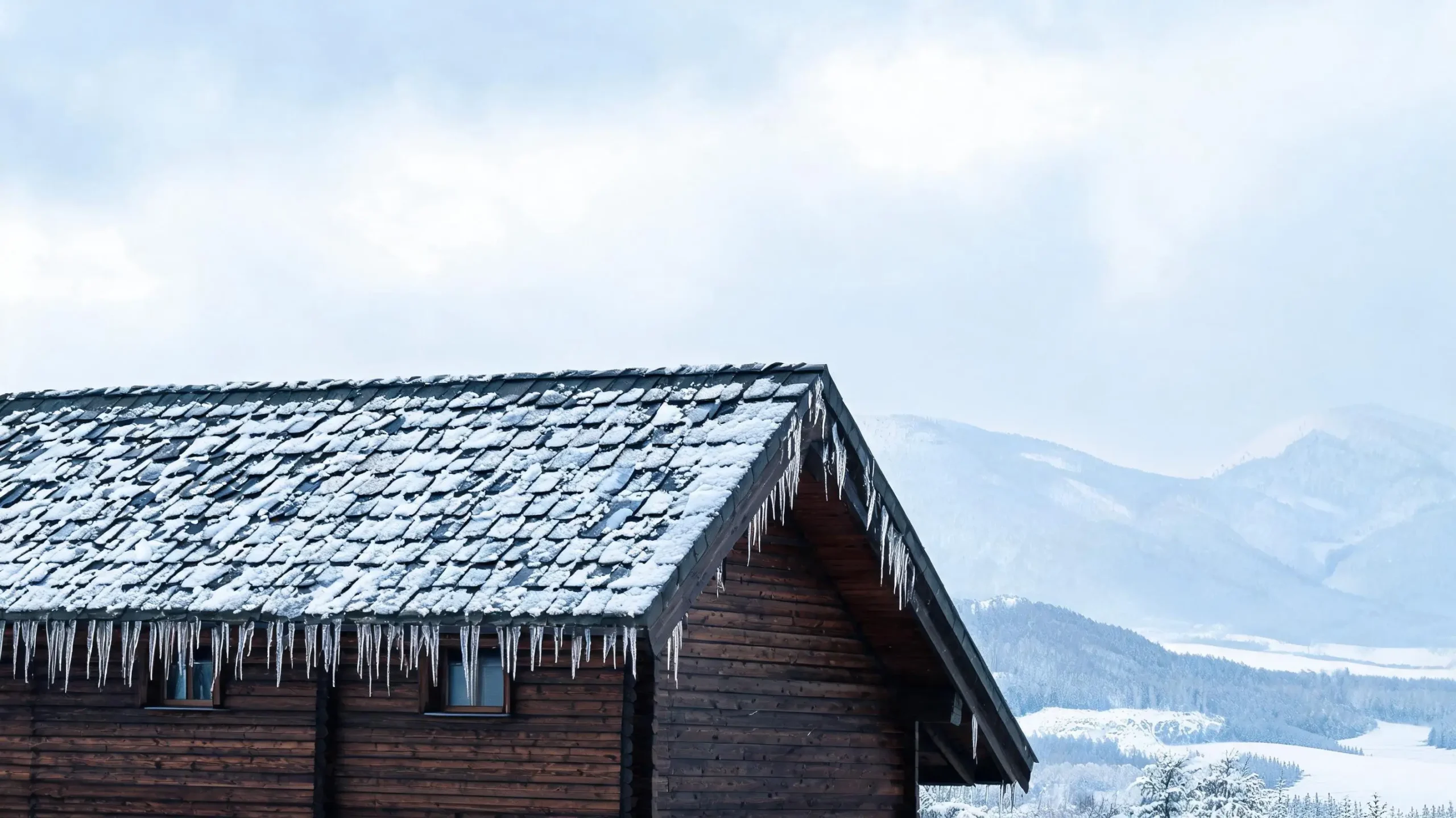 Jiujiang Slate Water Absorption 1 Snow-covered dark grey natural slate roof on a Scandinavian house in winter, slate tiles intact beneath thin snow