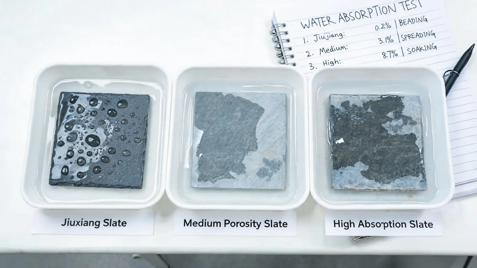 What Makes Jiujiang Slate Different? 3 Water absorption test comparing three slate samples with different porosity levels