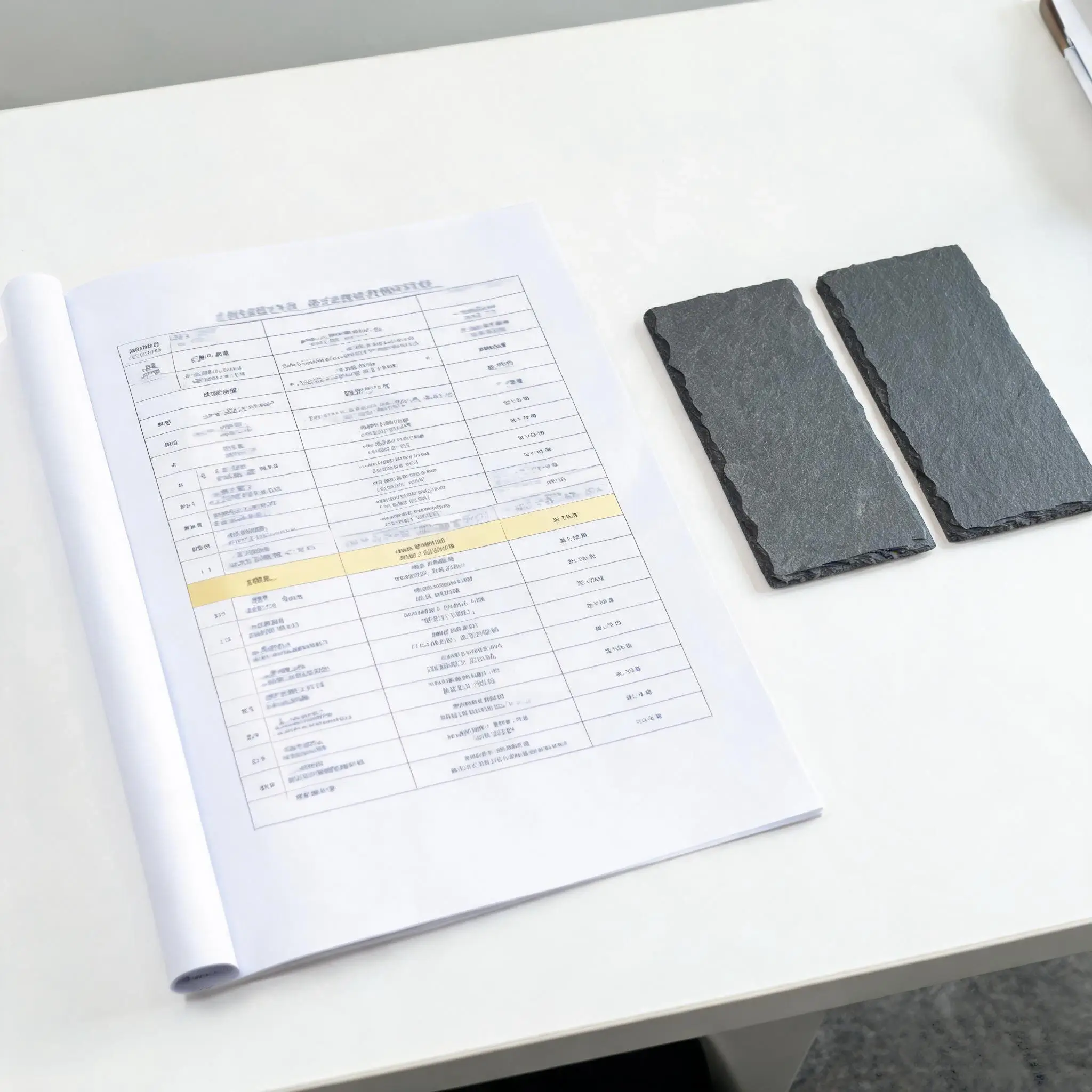 Jiujiang Slate Water Absorption 7 Open laboratory test report document showing test data rows with slate samples on a desk