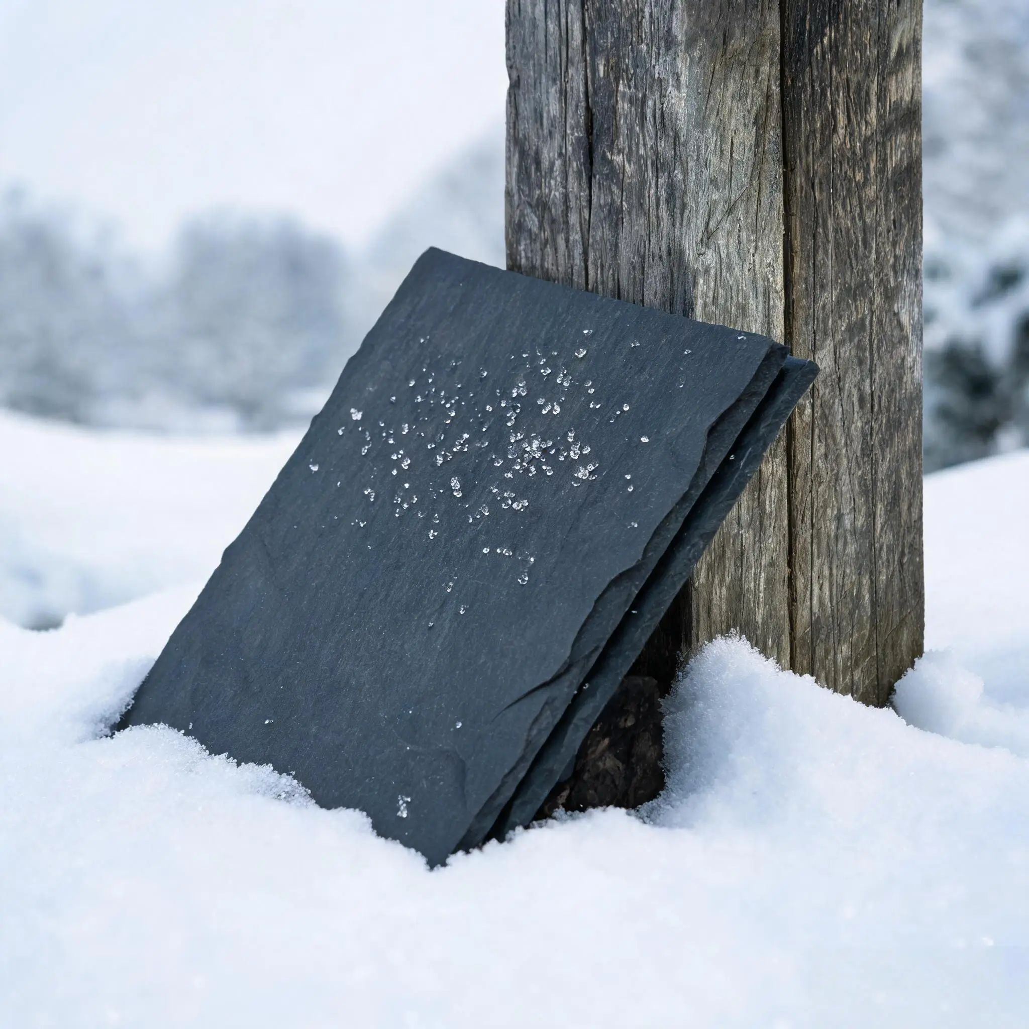 Jiujiang Slate Water Absorption 6 Single dark grey slate roofing tile leaning against a wooden post in a snowy winter landscape, surface dry and intact