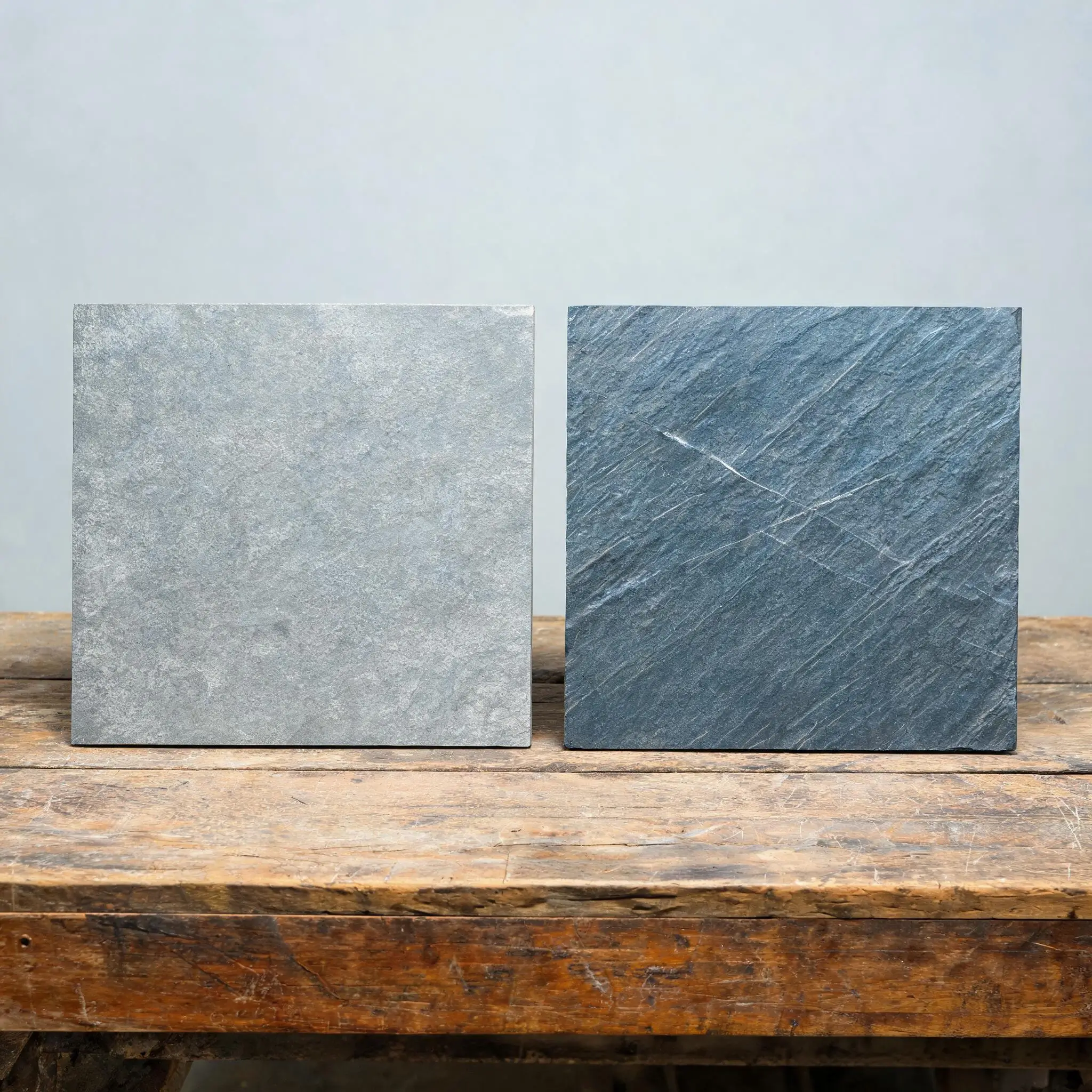 Two roofing slate samples side by side, Chinese grey and Spanish blue-grey