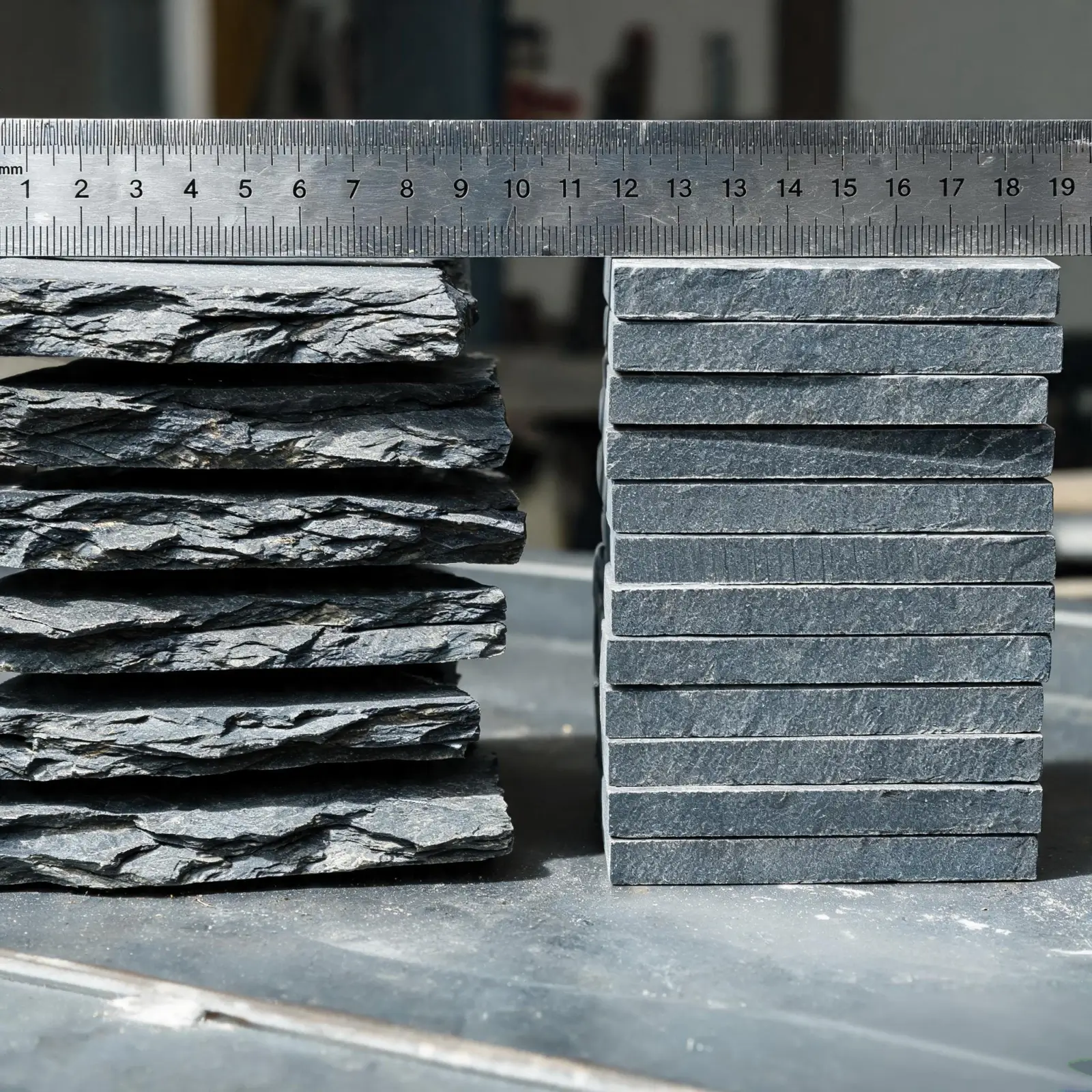Jiujiang Slate vs Indian Slate 4 Edge profile comparison of hand-split Indian slate with irregular thickness versus CNC-machined Jiujiang slate with uniform thickness