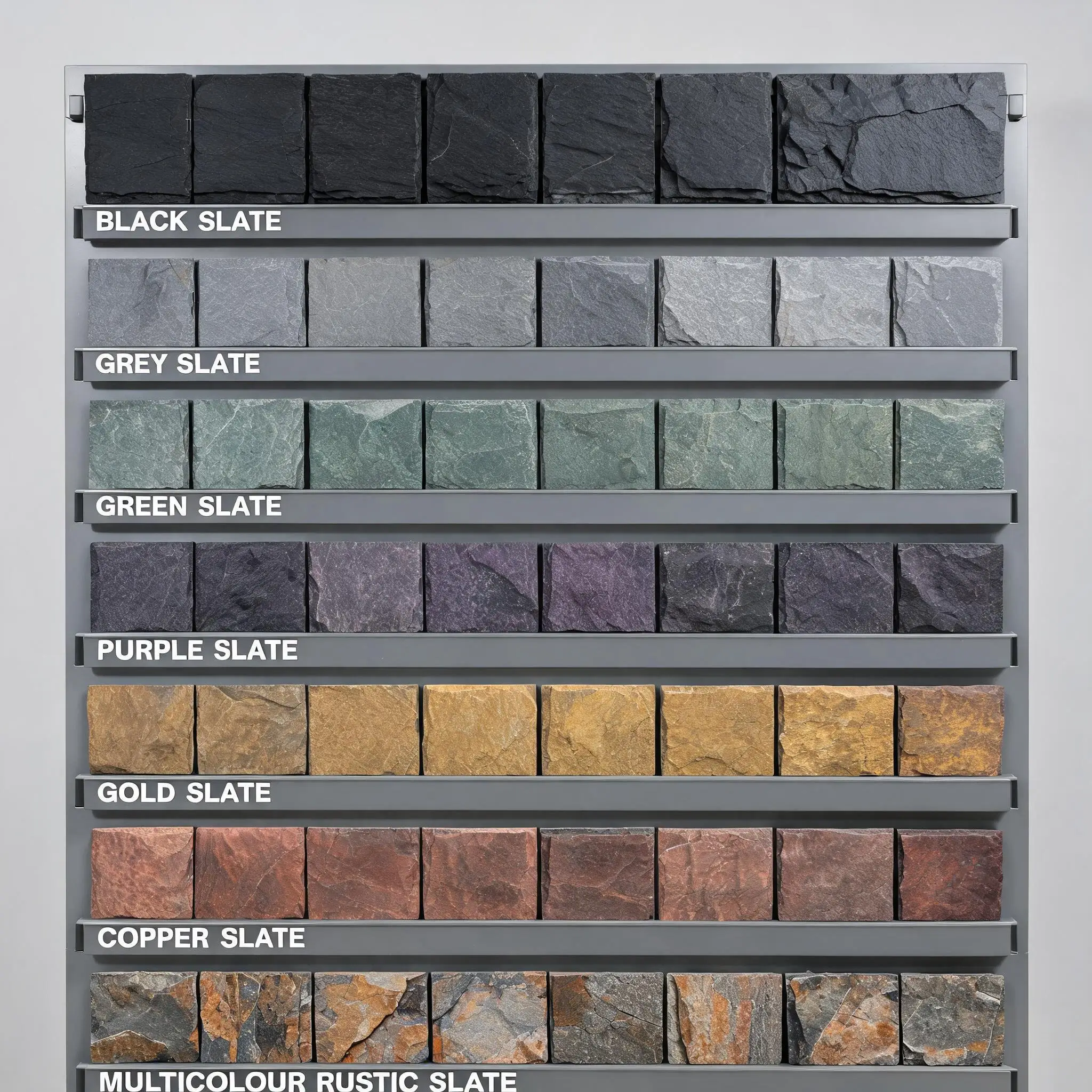 Jiujiang Slate vs Indian Slate 2 Display of Indian slate tiles in various colours including black grey green purple gold and multicolour