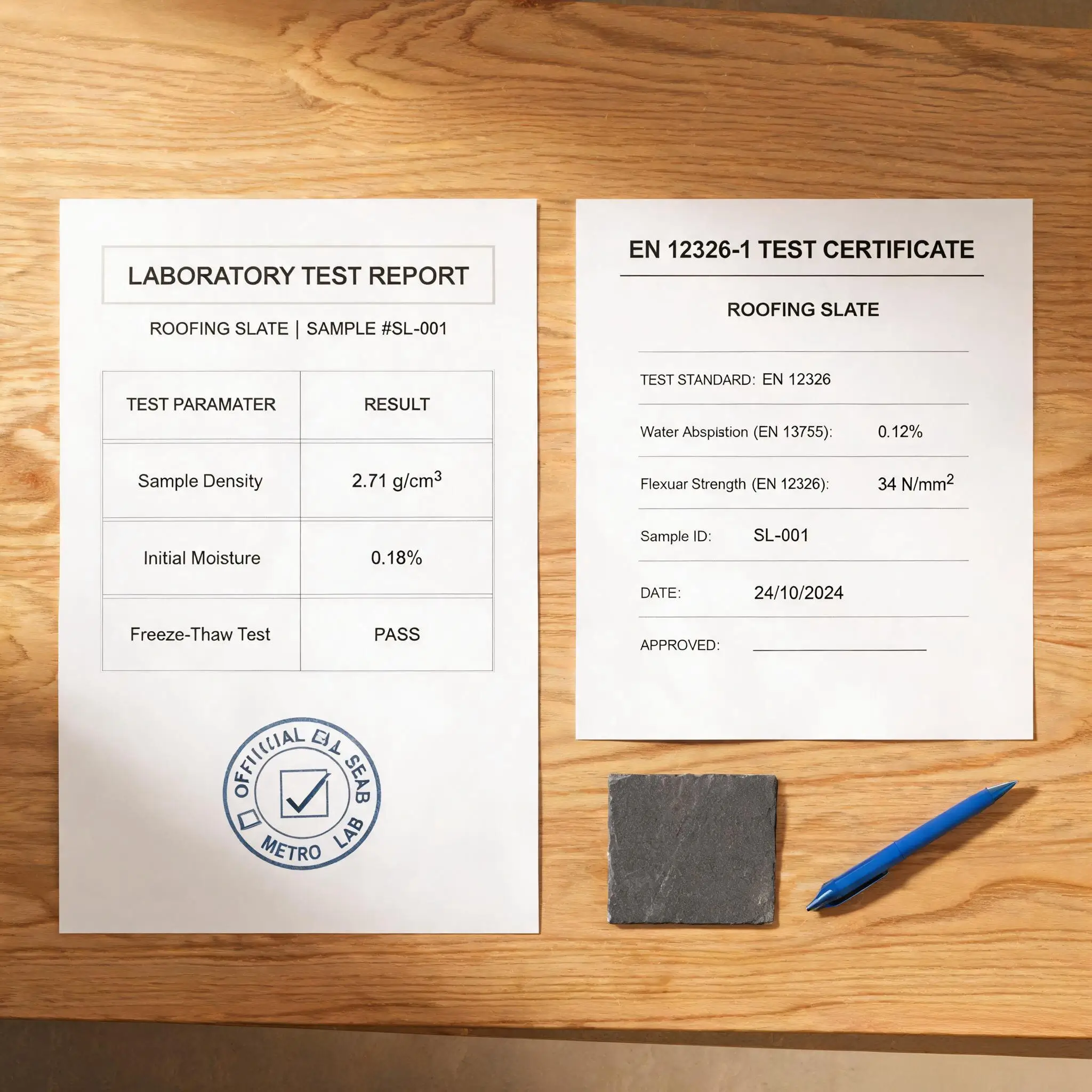 Jiujiang Slate vs Indian Slate 6 Two laboratory test reports for roofing slate placed side by side on a desk with a pen and slate sample