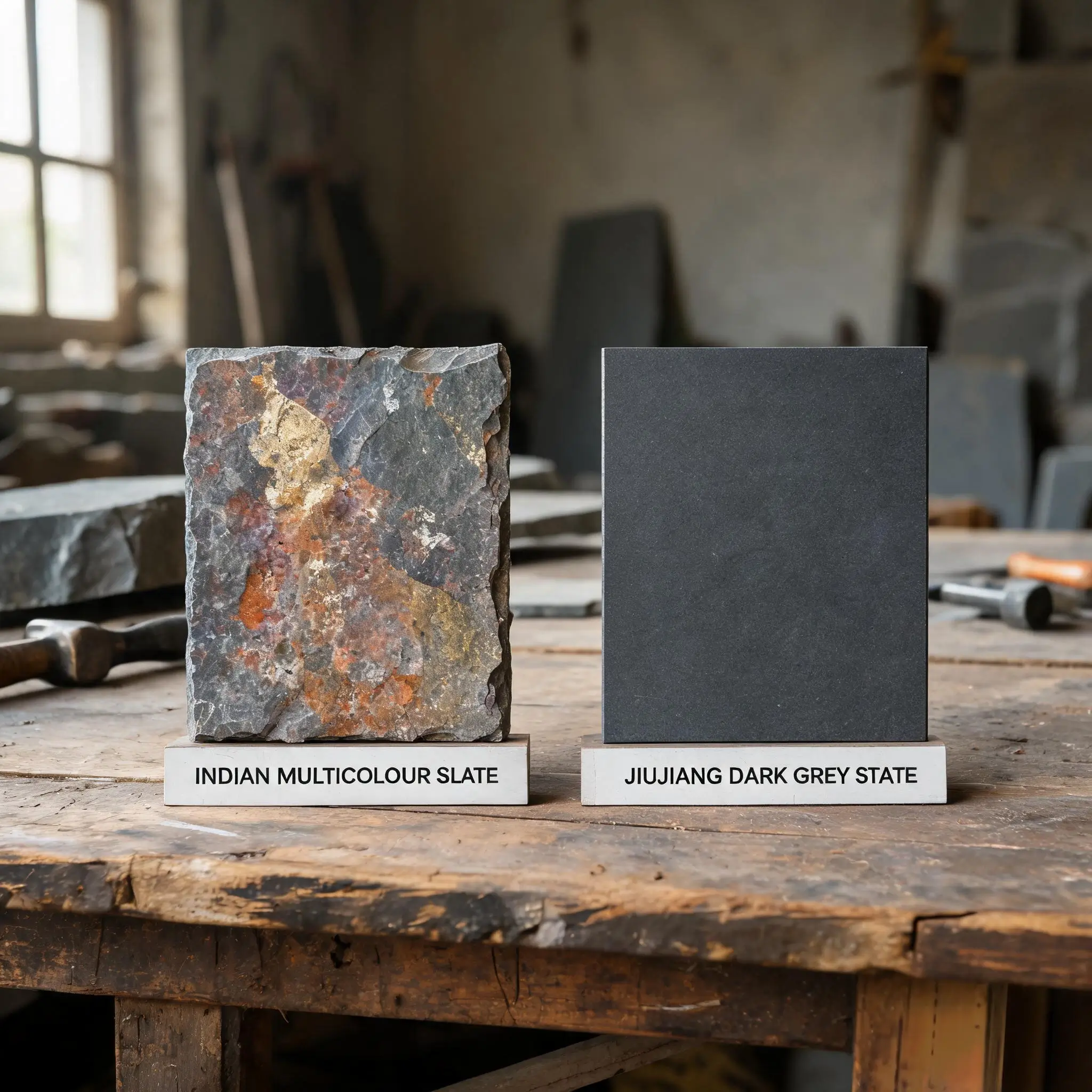 Jiujiang Slate vs Indian Slate 1 Two roofing slate samples side by side on a workbench, Indian multicolour and Jiujiang dark grey