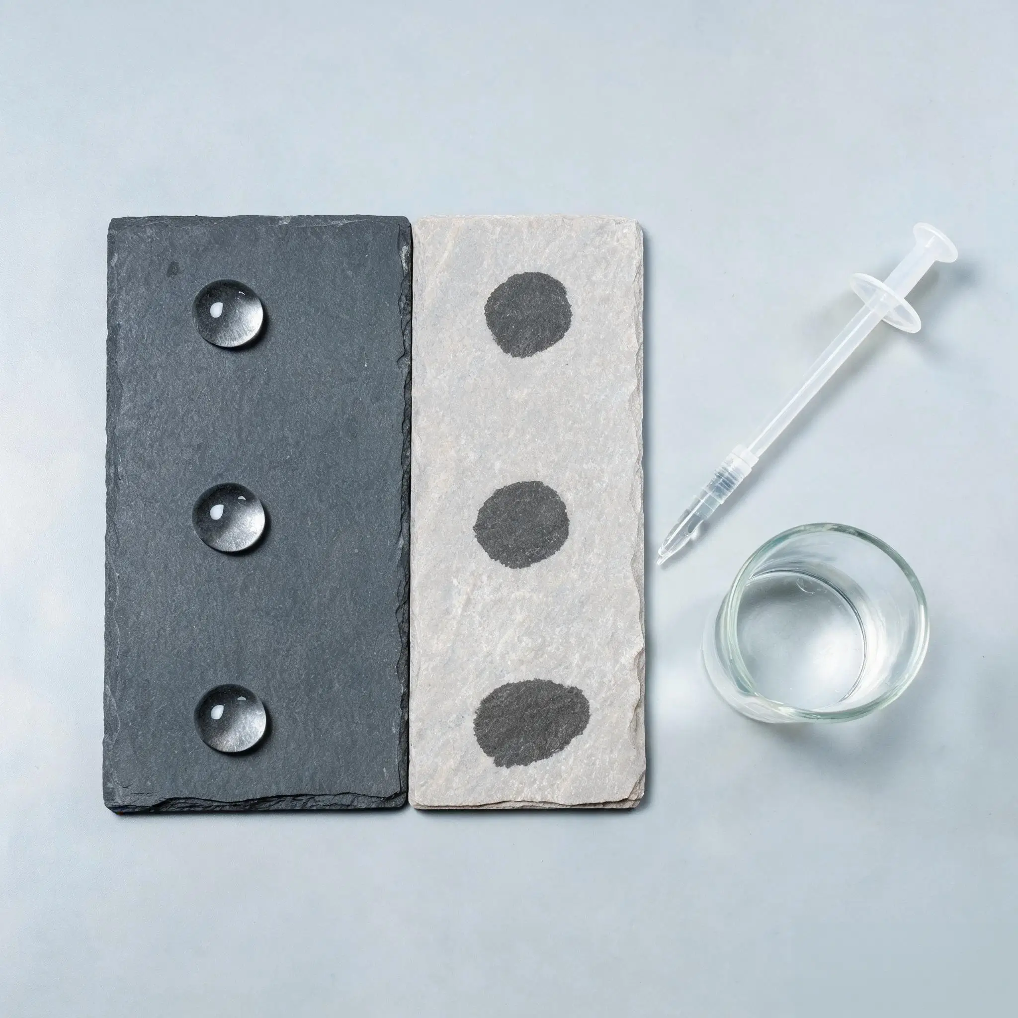 Jiujiang Slate vs Indian Slate 3 Water droplet absorption test on two slate surfaces showing beading on low-absorption slate and soaking on higher-absorption slate