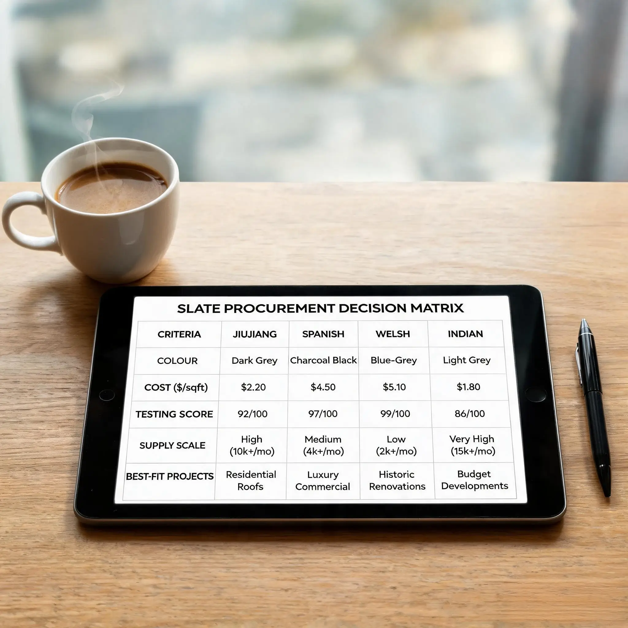 Procurement decision matrix for comparing slate origins on a tablet