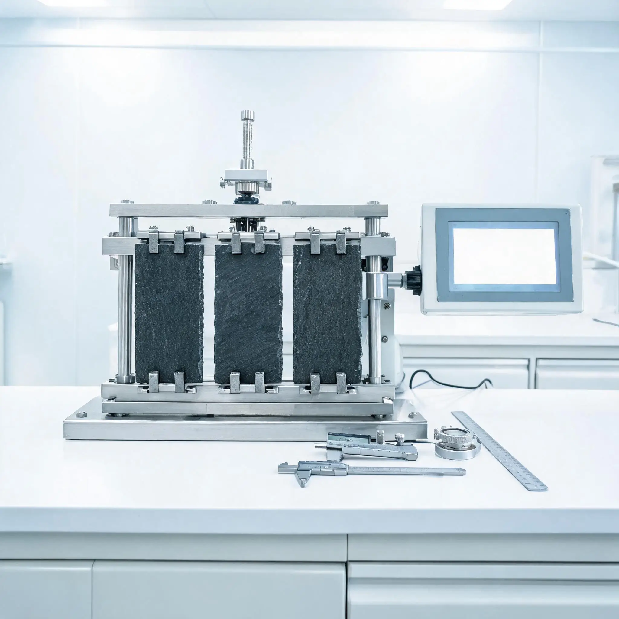 Slate testing laboratory with specimens in testing apparatus
