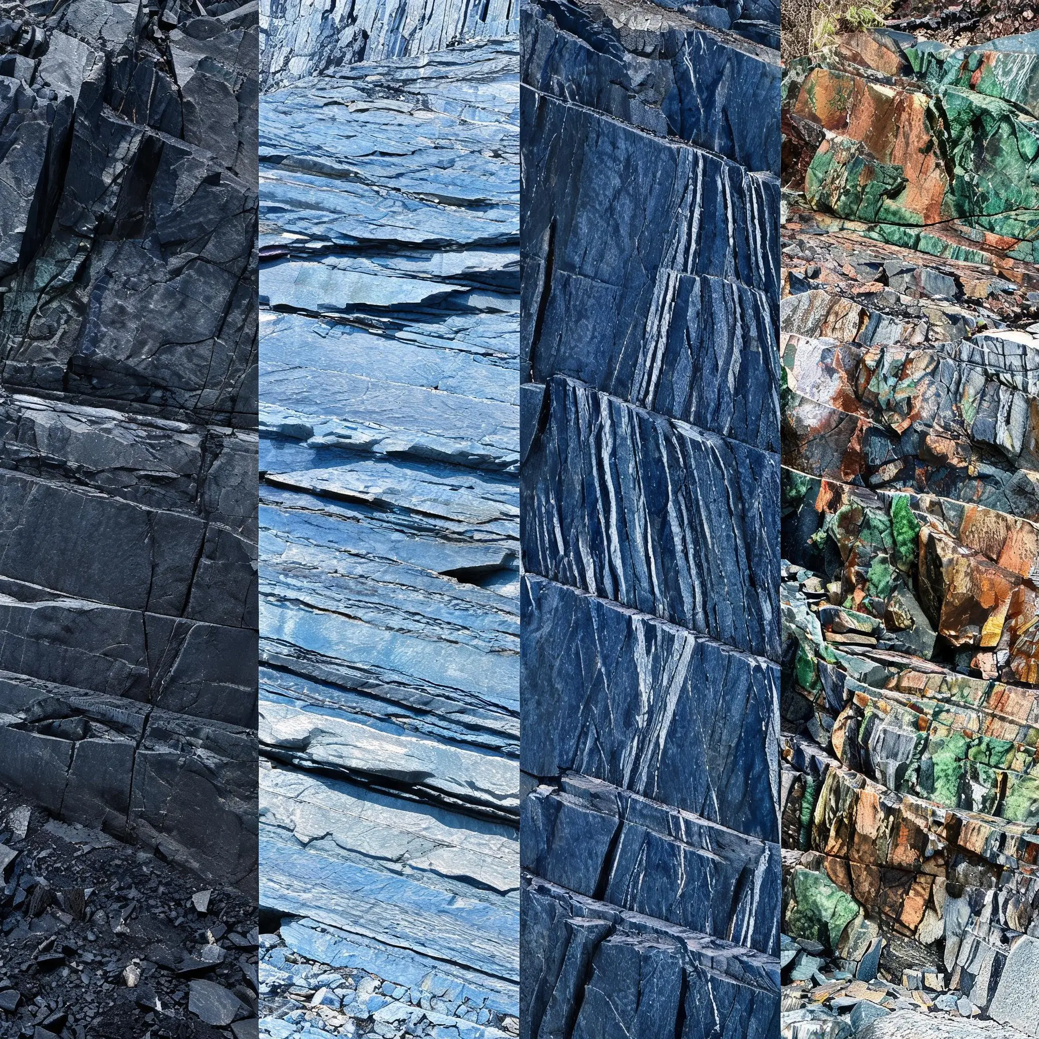 Quarry face sections from four different slate producing regions