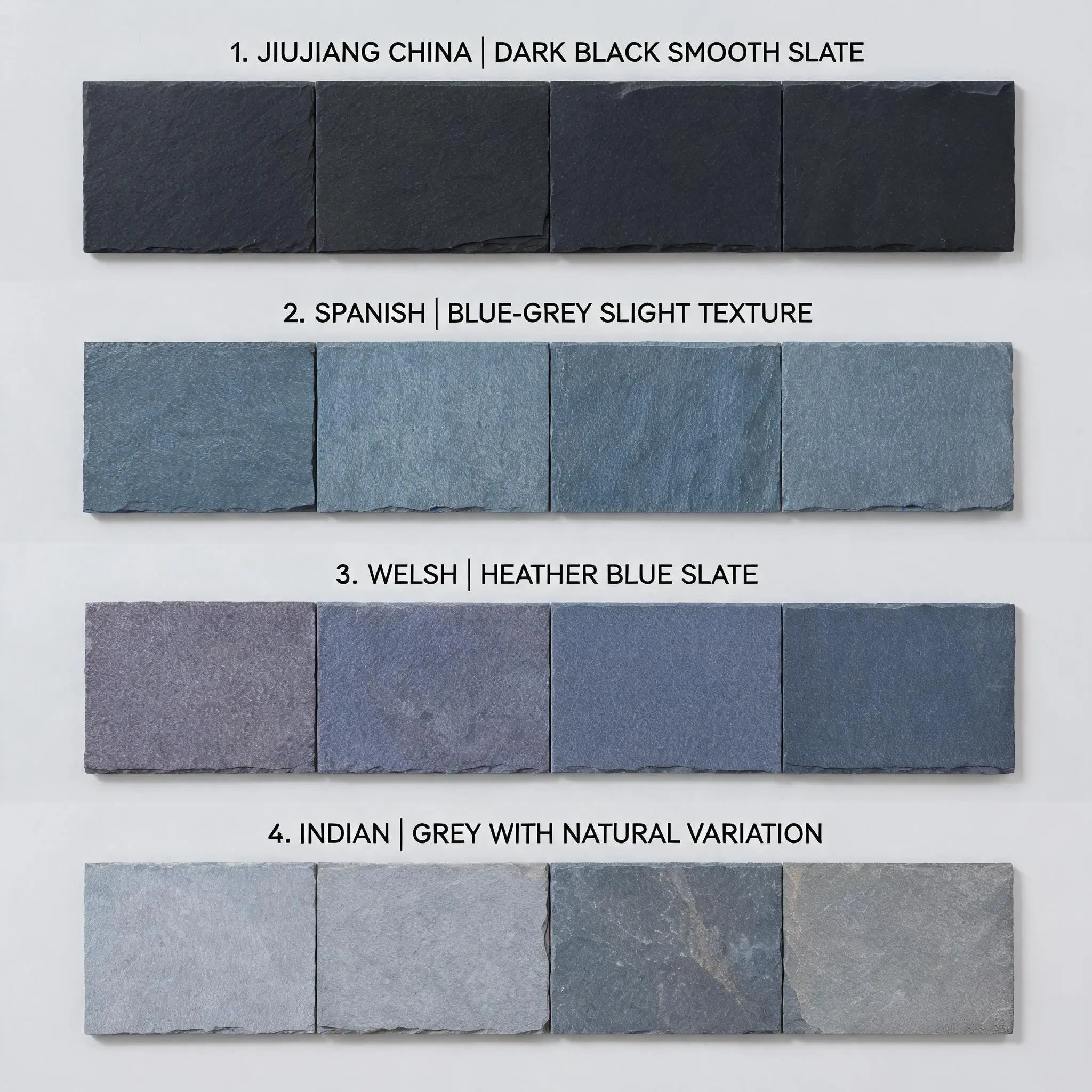 Roofing slate tiles from four origins compared side by side