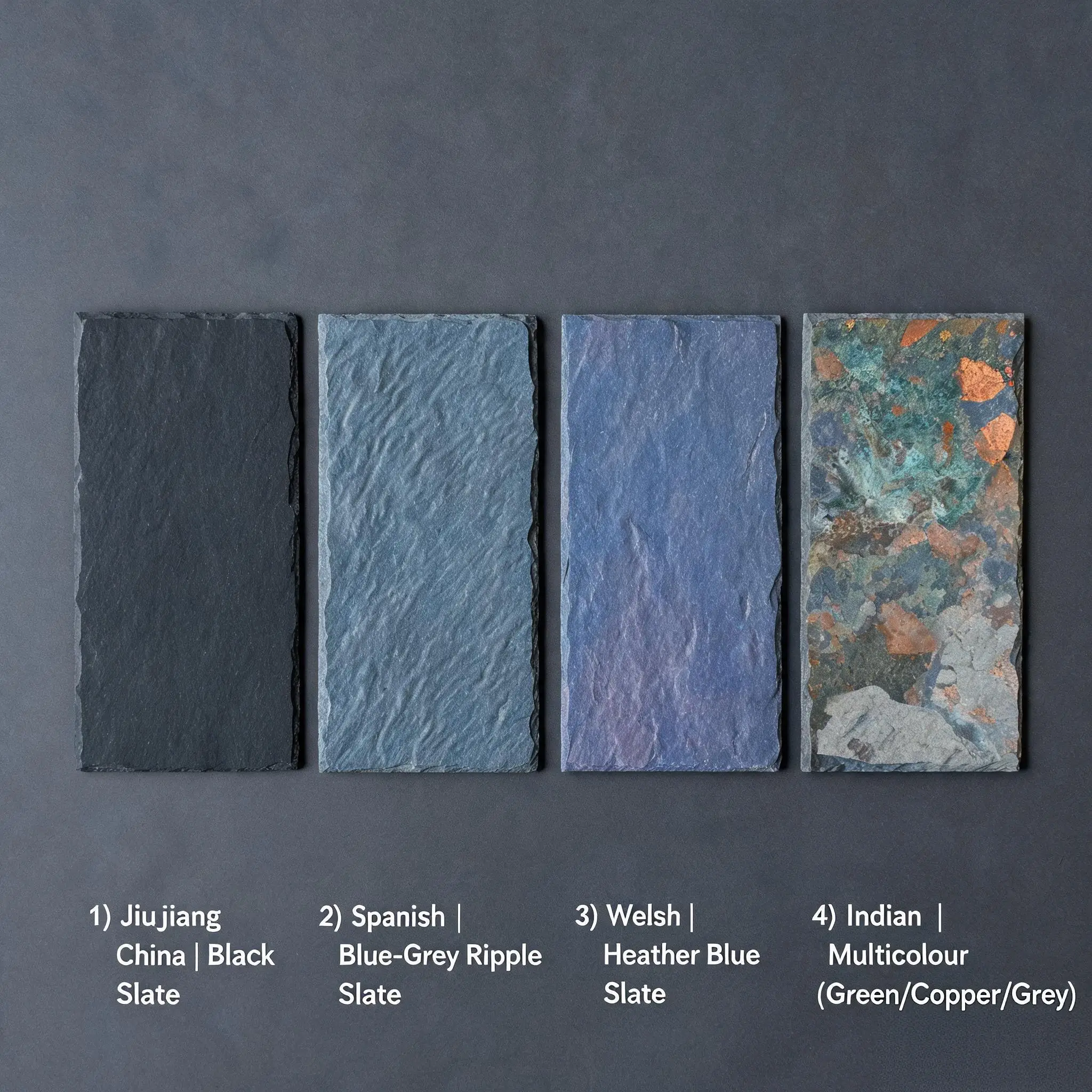 Natural slate hand samples showing colour range from four origins