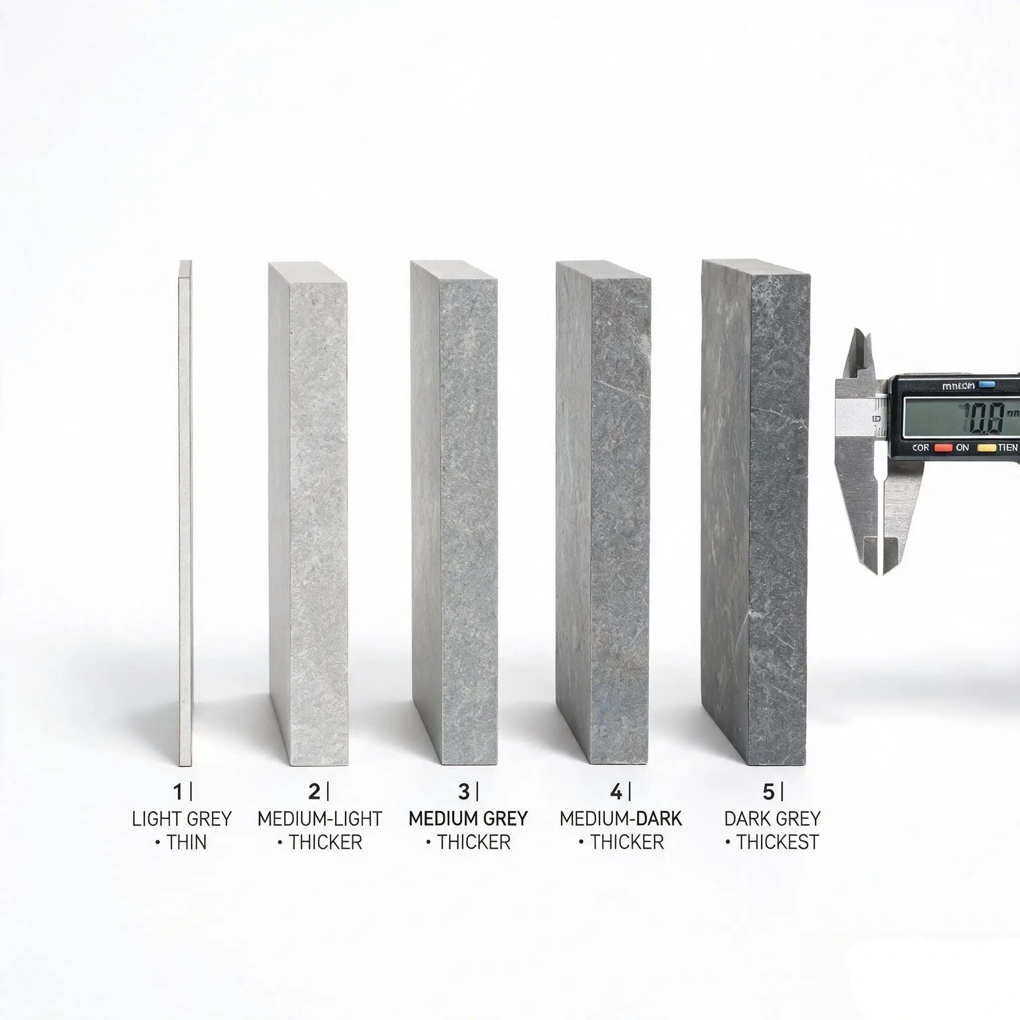 Five roofing slate tiles of different thicknesses standing upright in a row with a caliper