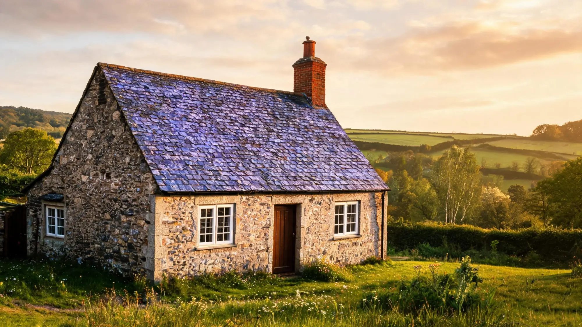 Traditional British stone cottage with a heather-blue Welsh slate roof in the countryside