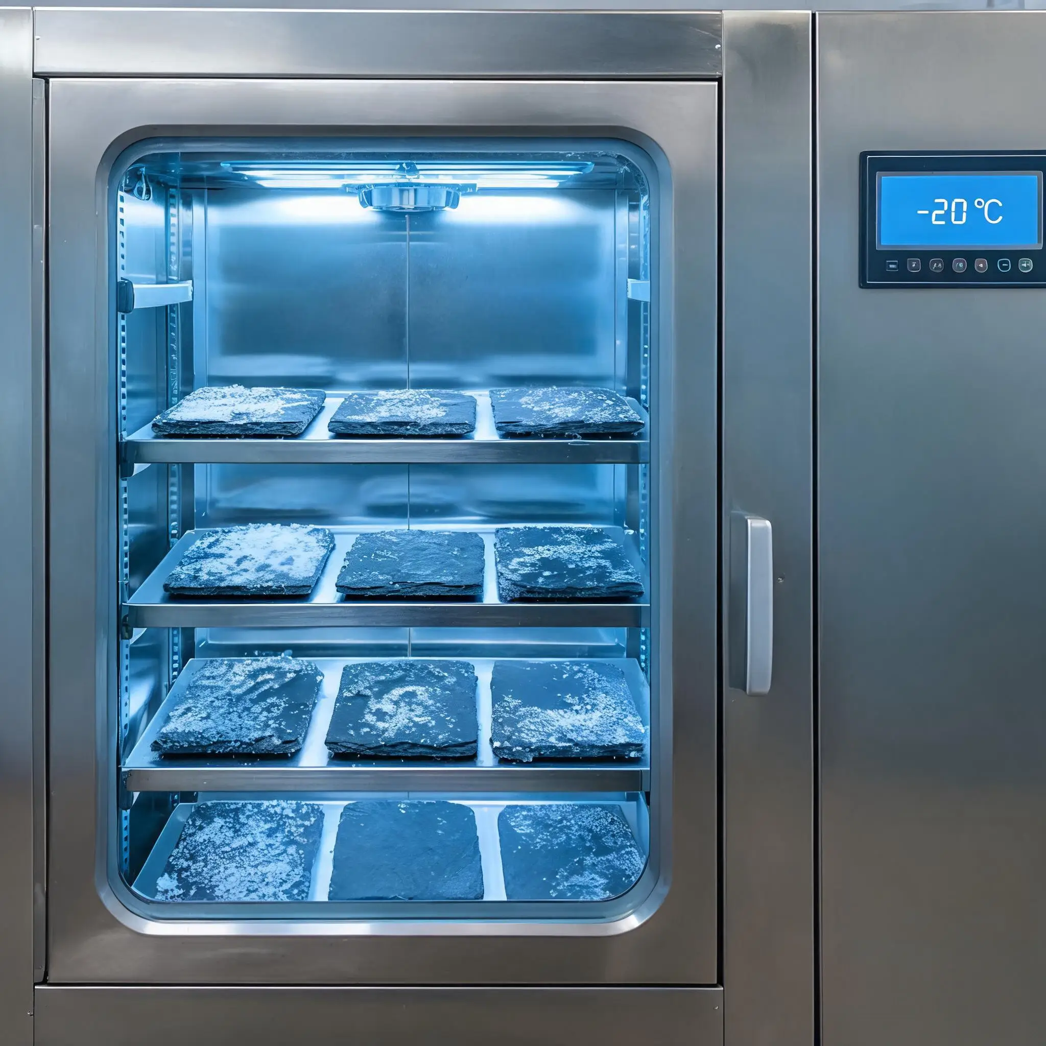 Jiujiang Roofing Slate in Cold and Coastal Climates 2 Laboratory freeze-thaw testing chamber with slate samples at minus 20 degrees Celsius