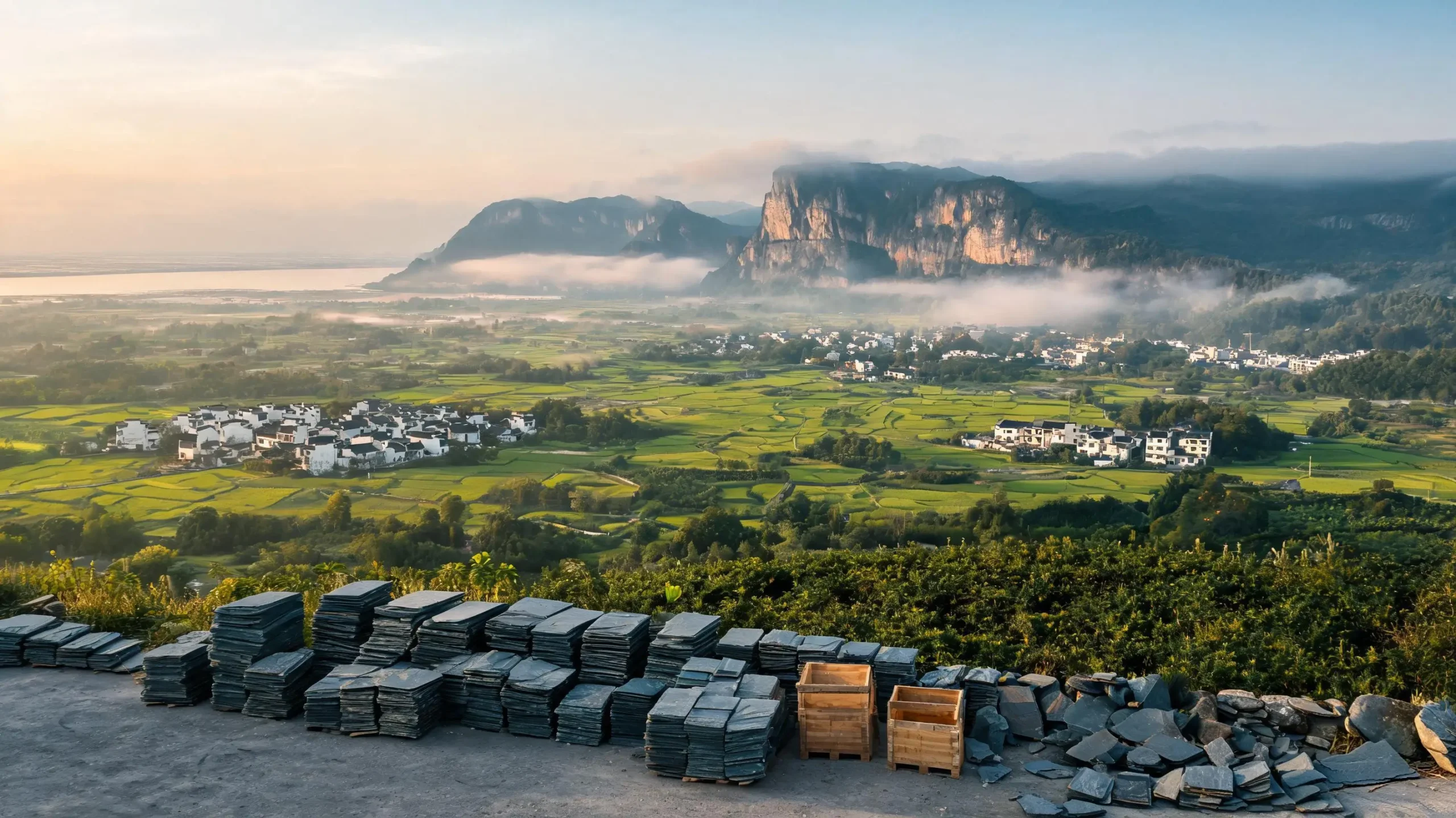 Jiujiang, Lushan or Xingzi Slate: What's in a Name? 1 Lushan slate region landscape — mountain in cloud beyond green farmland and villages, slate and wooden crates stacked in the foreground