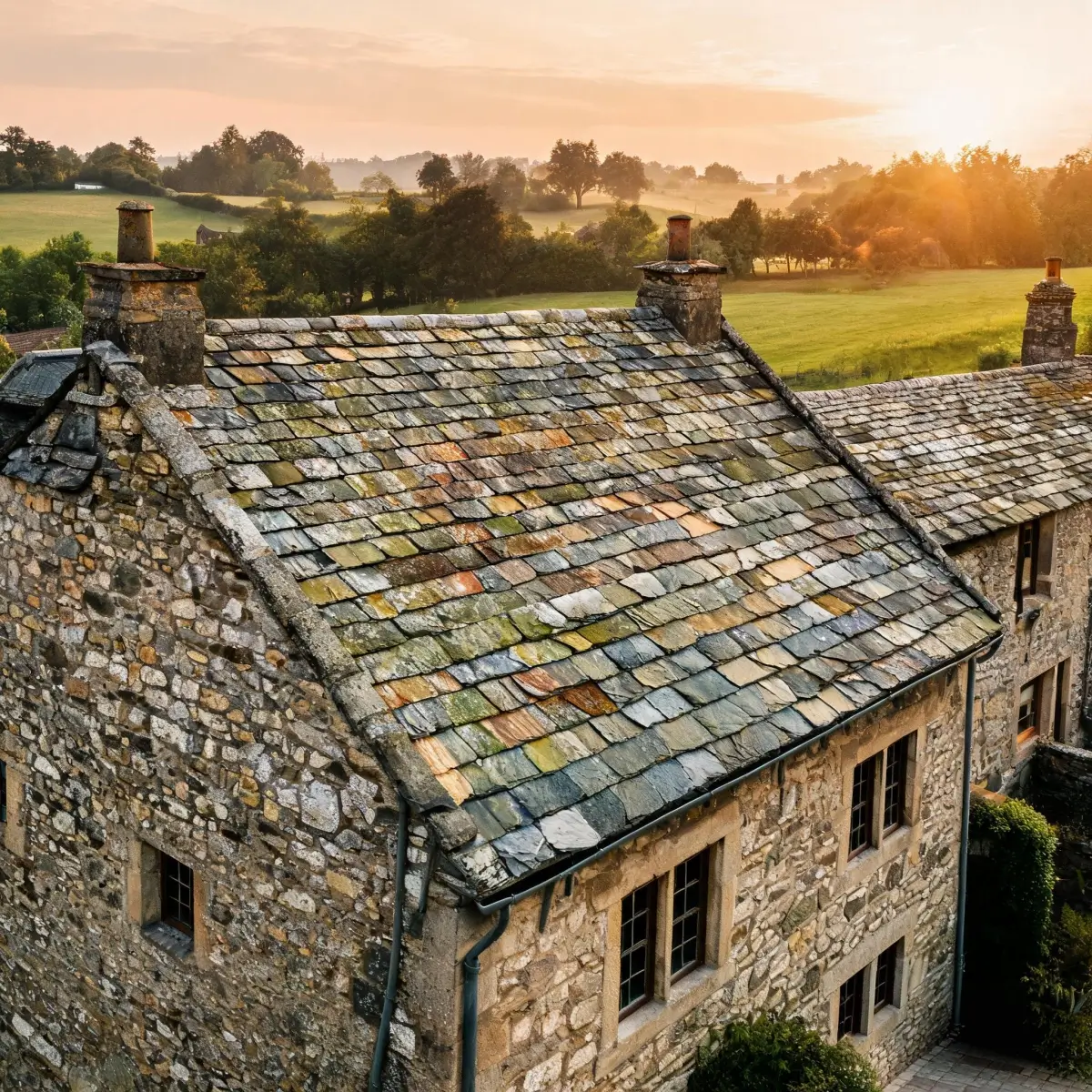 European building with mature weathered natural slate roof showing decades of natural patina