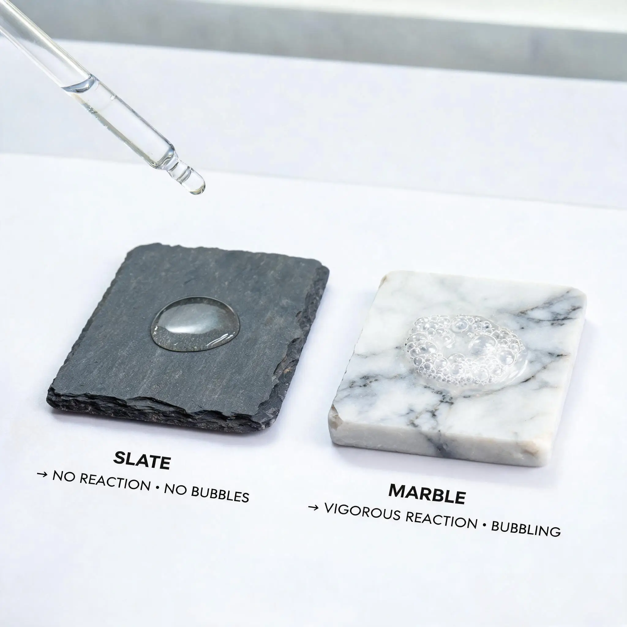 Jiujiang Slate Mineral Composition 6 Forensic mineral identification bench: a split slate tile beside a magnifying loupe, chemical analysis report and mineral specimen vials in a dark, professional setting