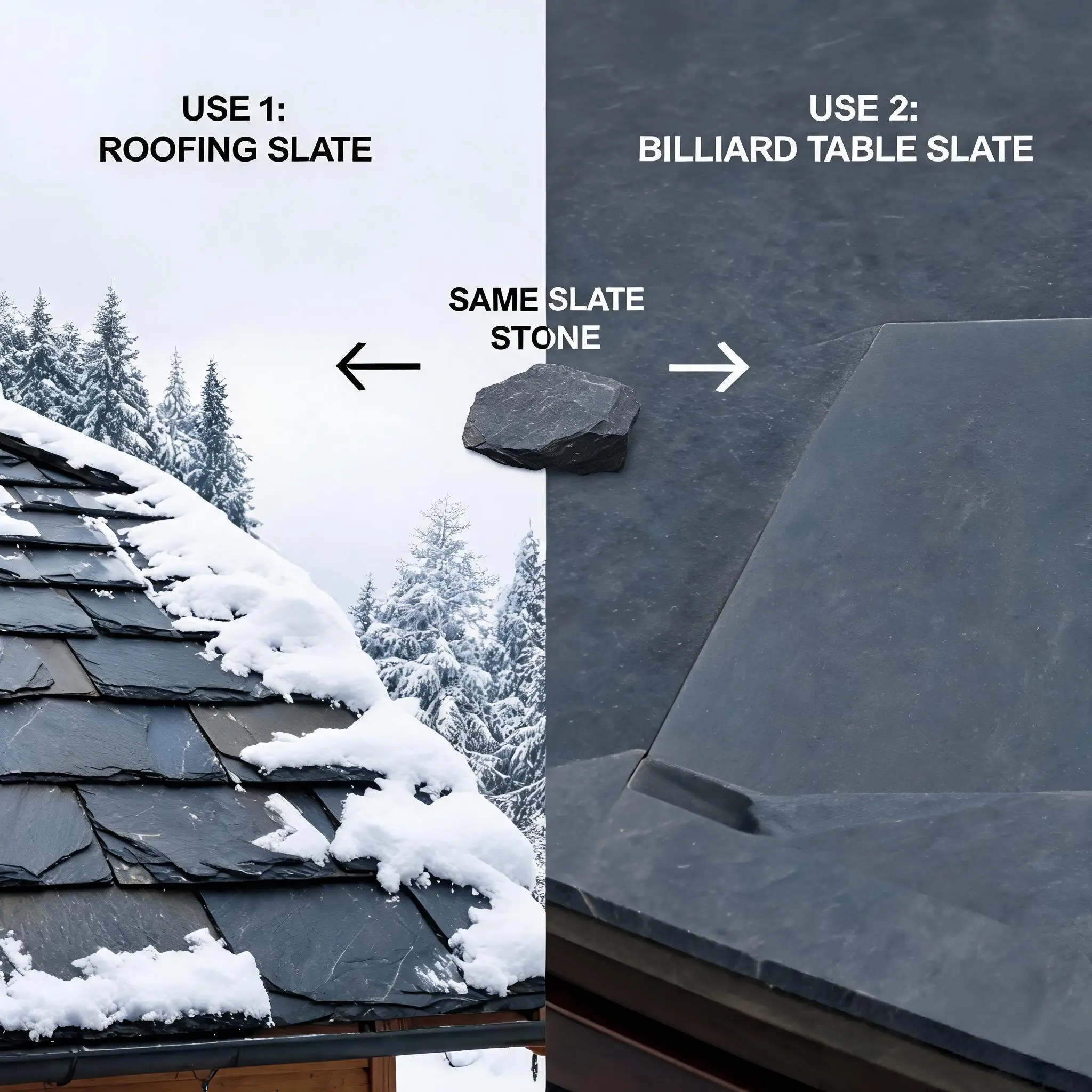 Jiujiang Slate Mineral Composition 4 Split image showing roofing slate tiles on a snow-covered roof and a CNC-machined billiard slate panel connected by mineral composition arrows