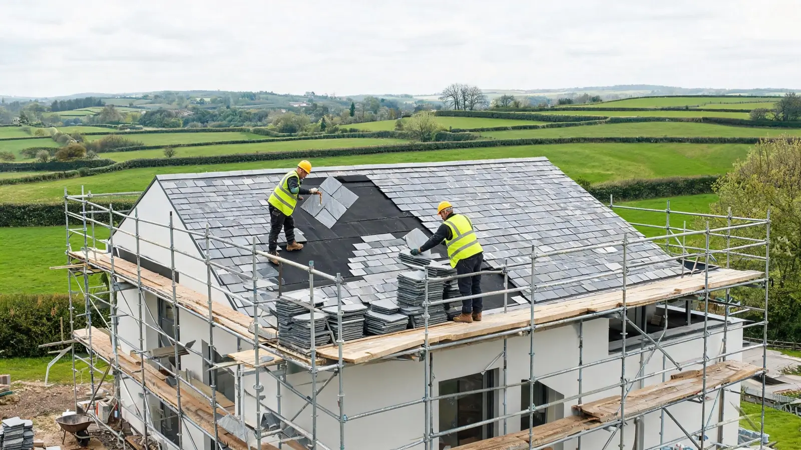 Modern self-build house with low-pitch slate roof under construction