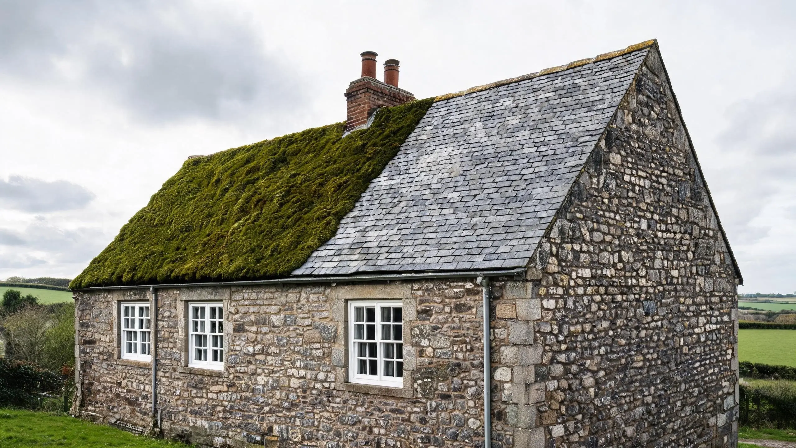 Same slate roof showing moss on the damp north slope and clean tiles on the south slope