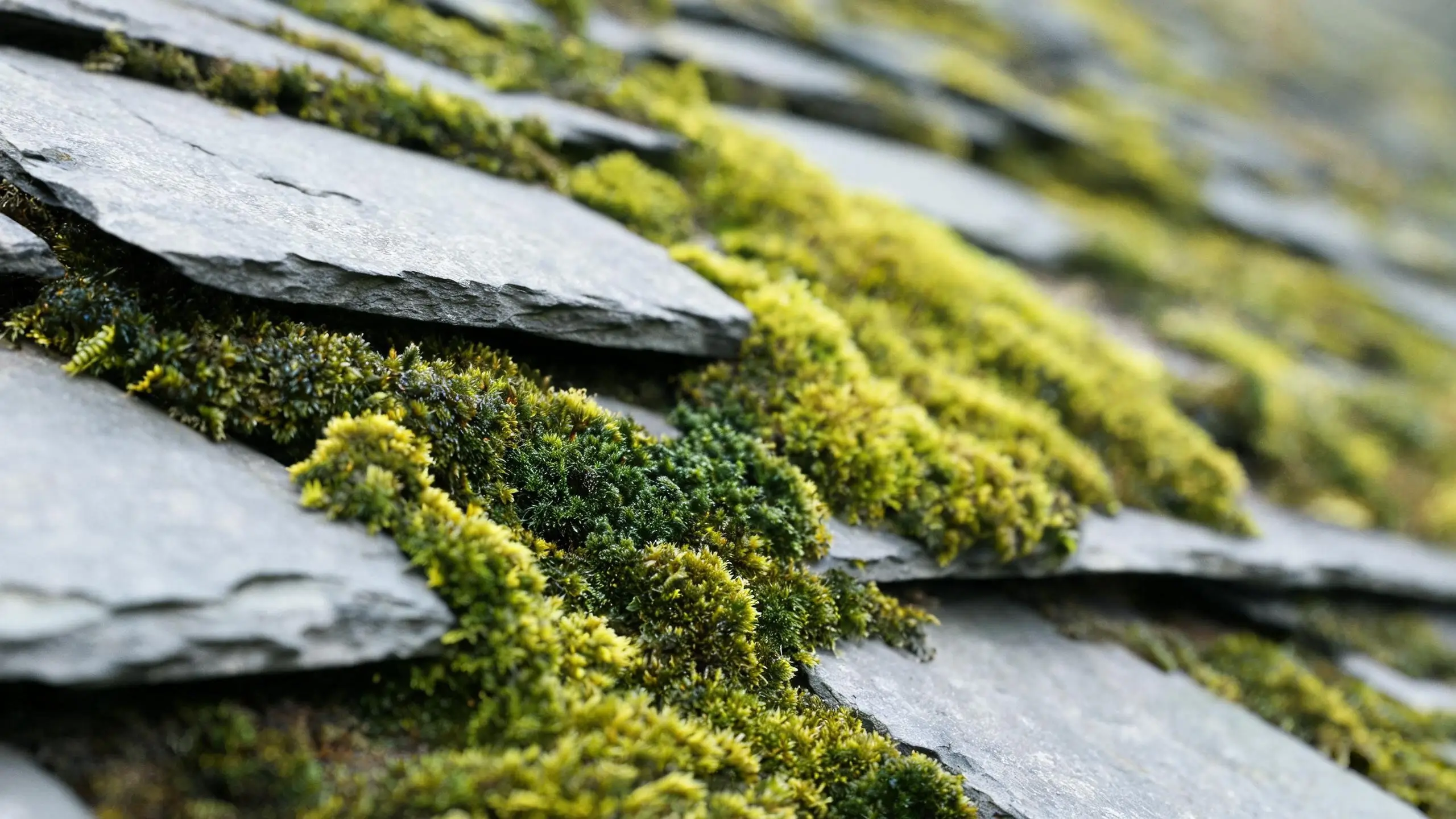 Close-up of thick green moss cushions filling the lap joints between natural slate tiles