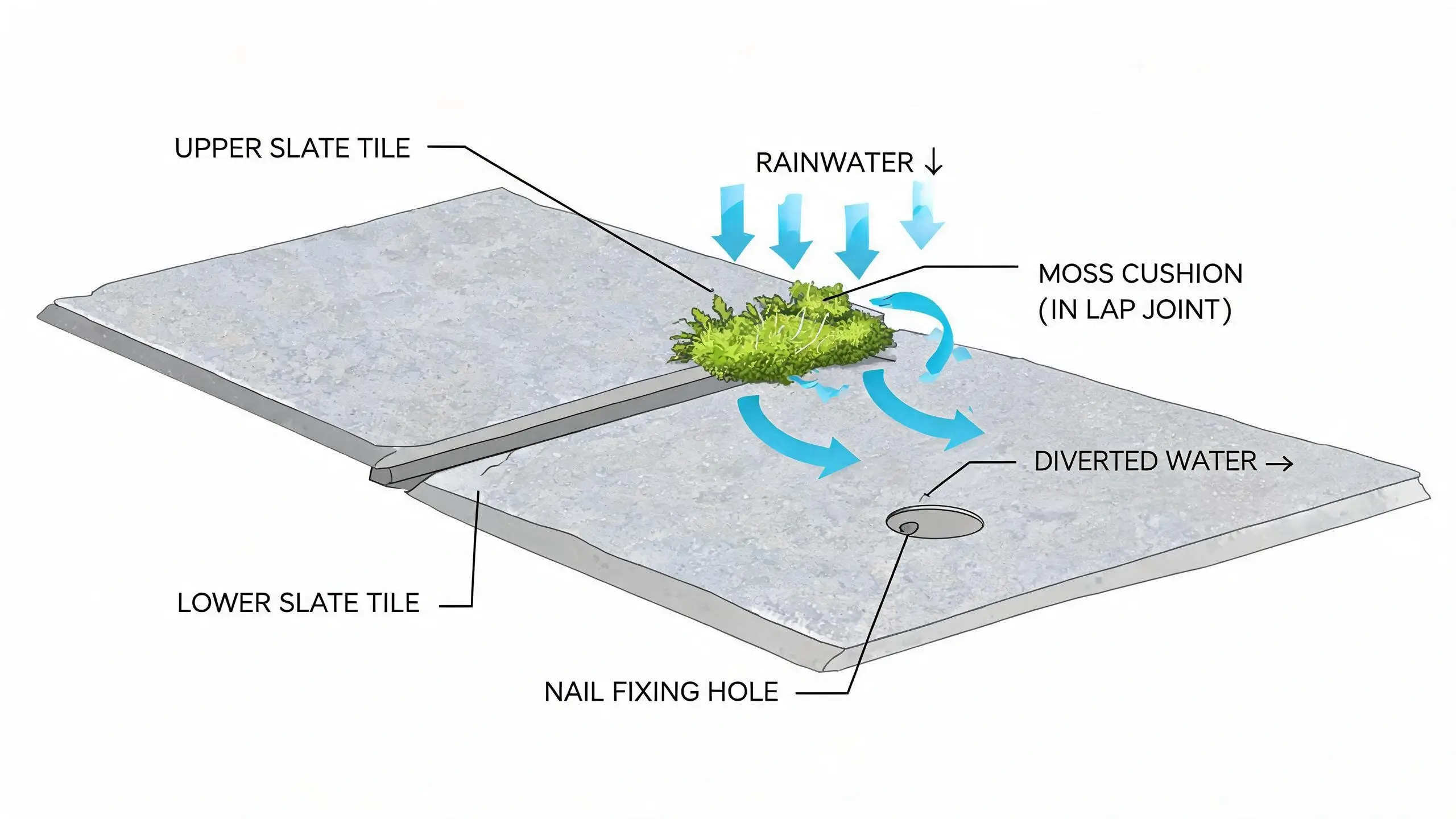 Cross-section diagram showing moss in a slate lap joint diverting rainwater sideways into the nail fixing hole
