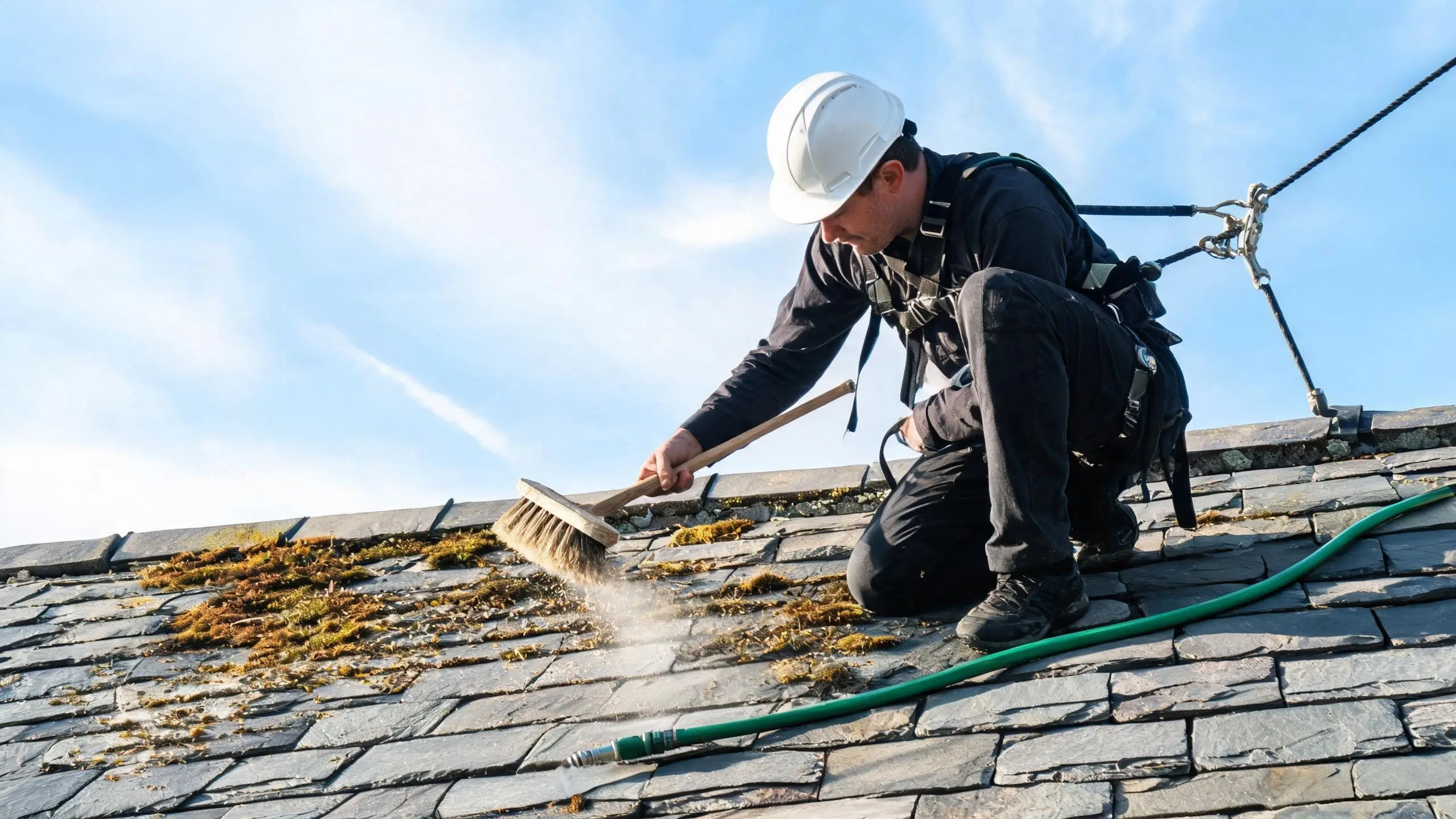 Roofer cleaning moss off a slate roof with a long-handled soft brush and garden hose