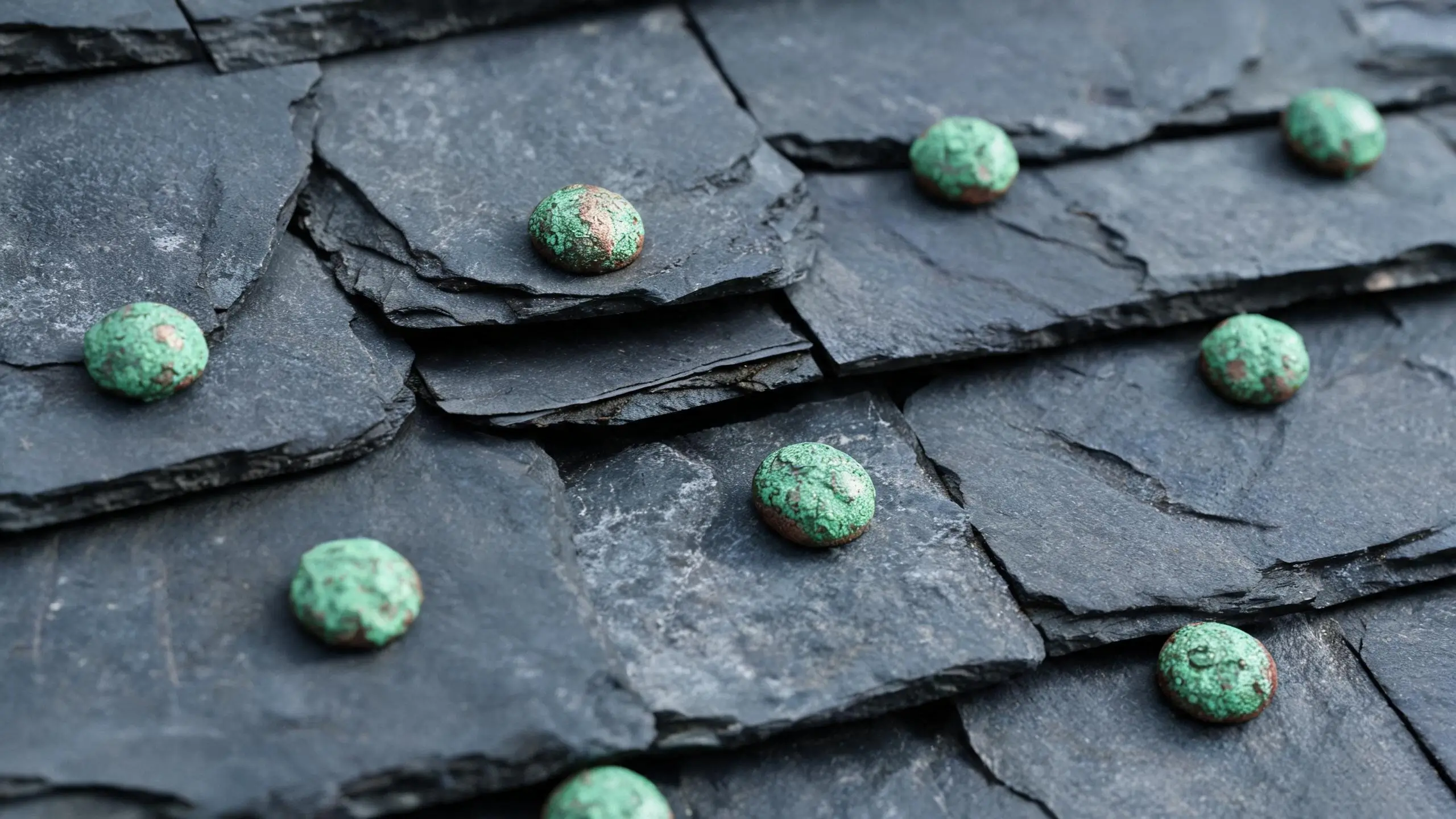 Nail sickness — corroded fixings causing intact slates to slip Corroded copper nails causing slate tile slippage