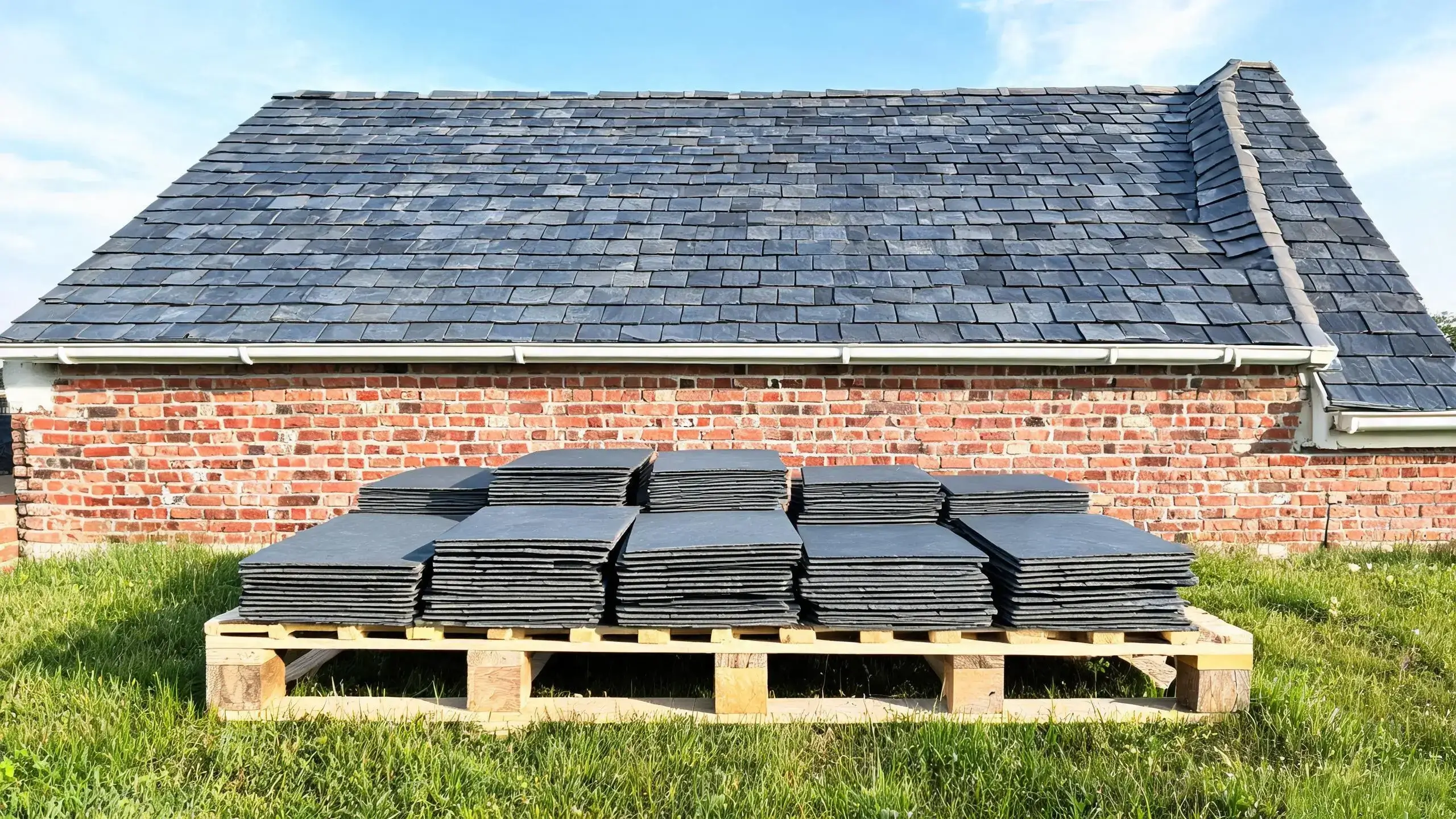 Pallet of new replacement slate tiles delivered beside an old slate roofed house