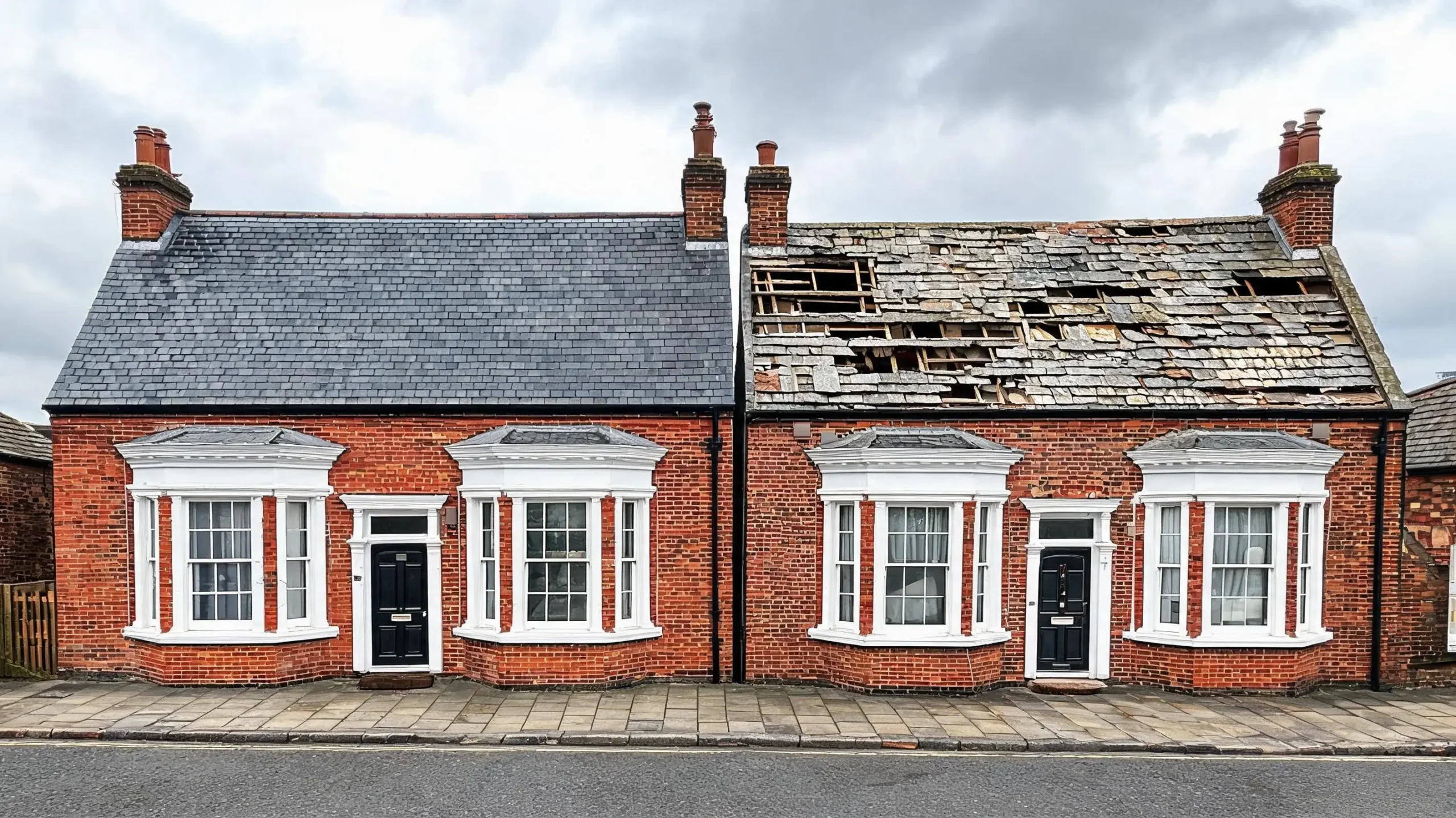 New slate roof vs old slate roof — the repair vs replacement contrast Two neighbouring houses showing new slate roof vs old weathered slate roof