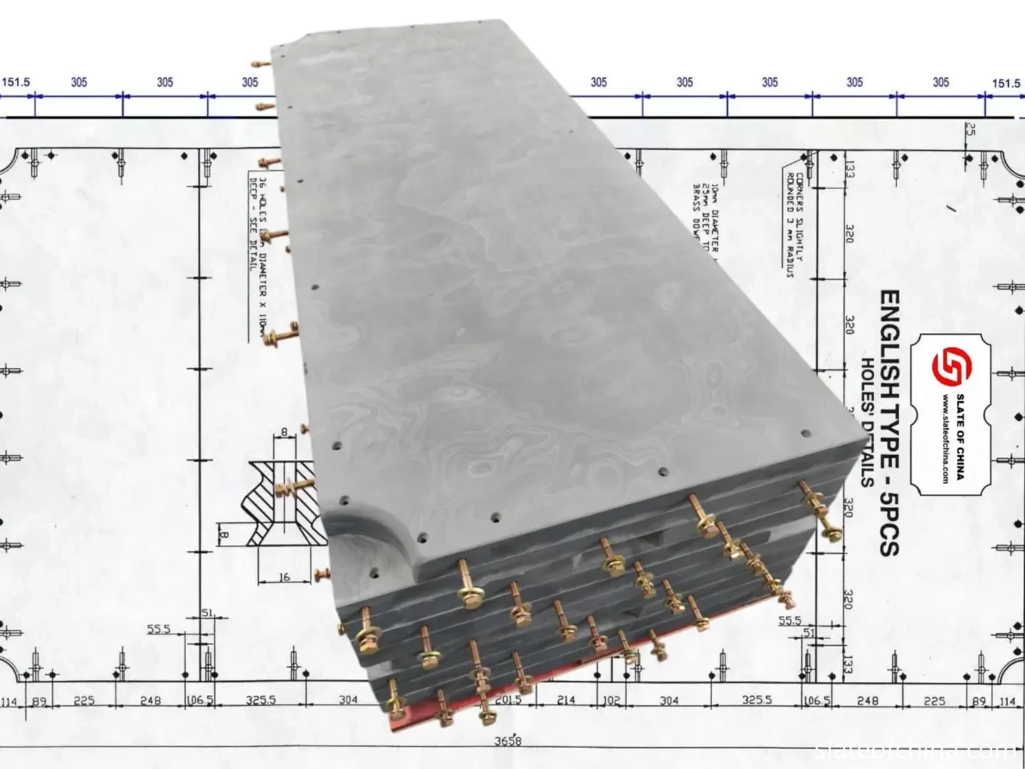OEM Billiard Slate for Table Manufacturers 2 Technical production drawing placed next to a CNC-machined billiard slate panel during dimensional review